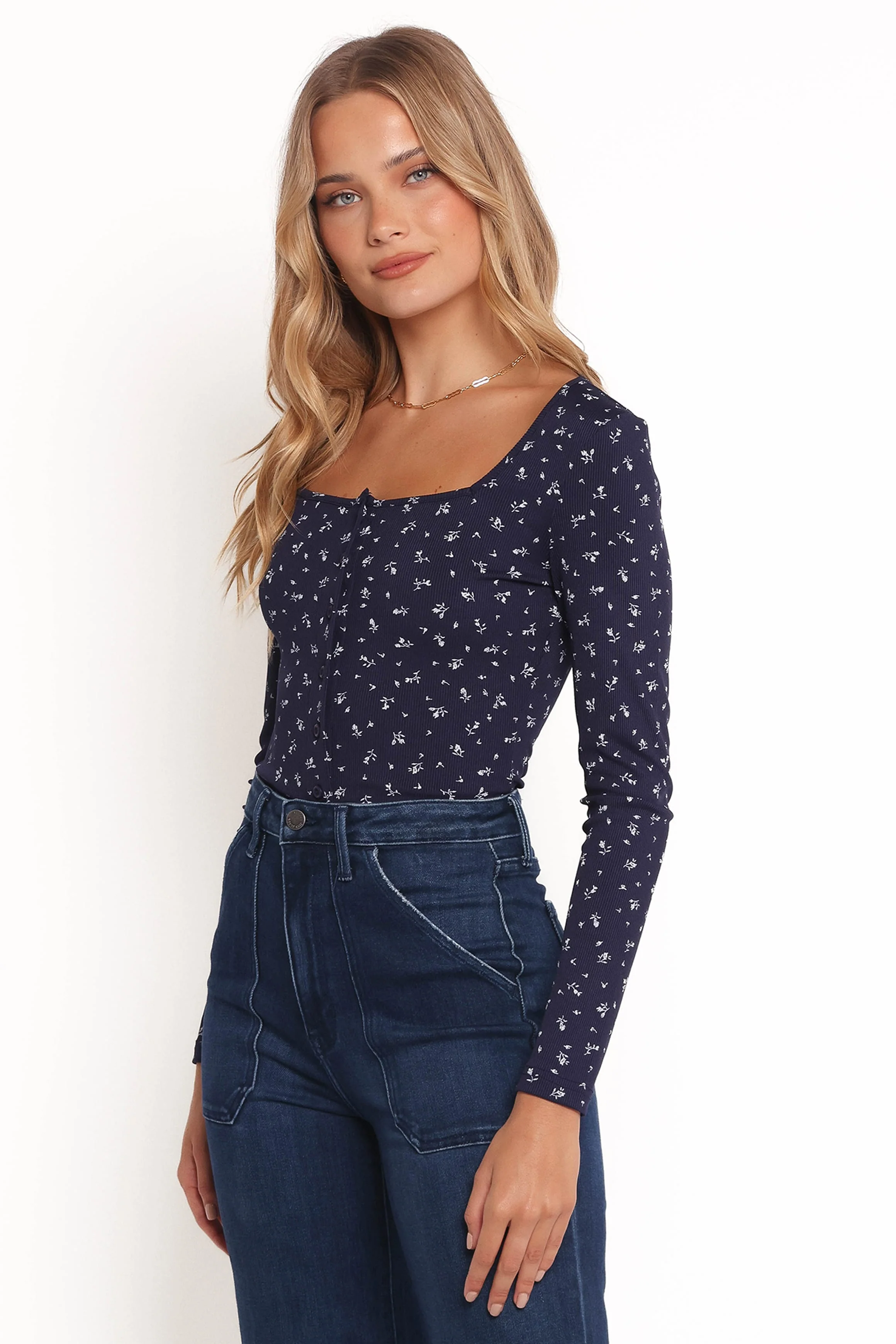 Keanu Long Sleeve Top - Navy Ditsy - Image 4