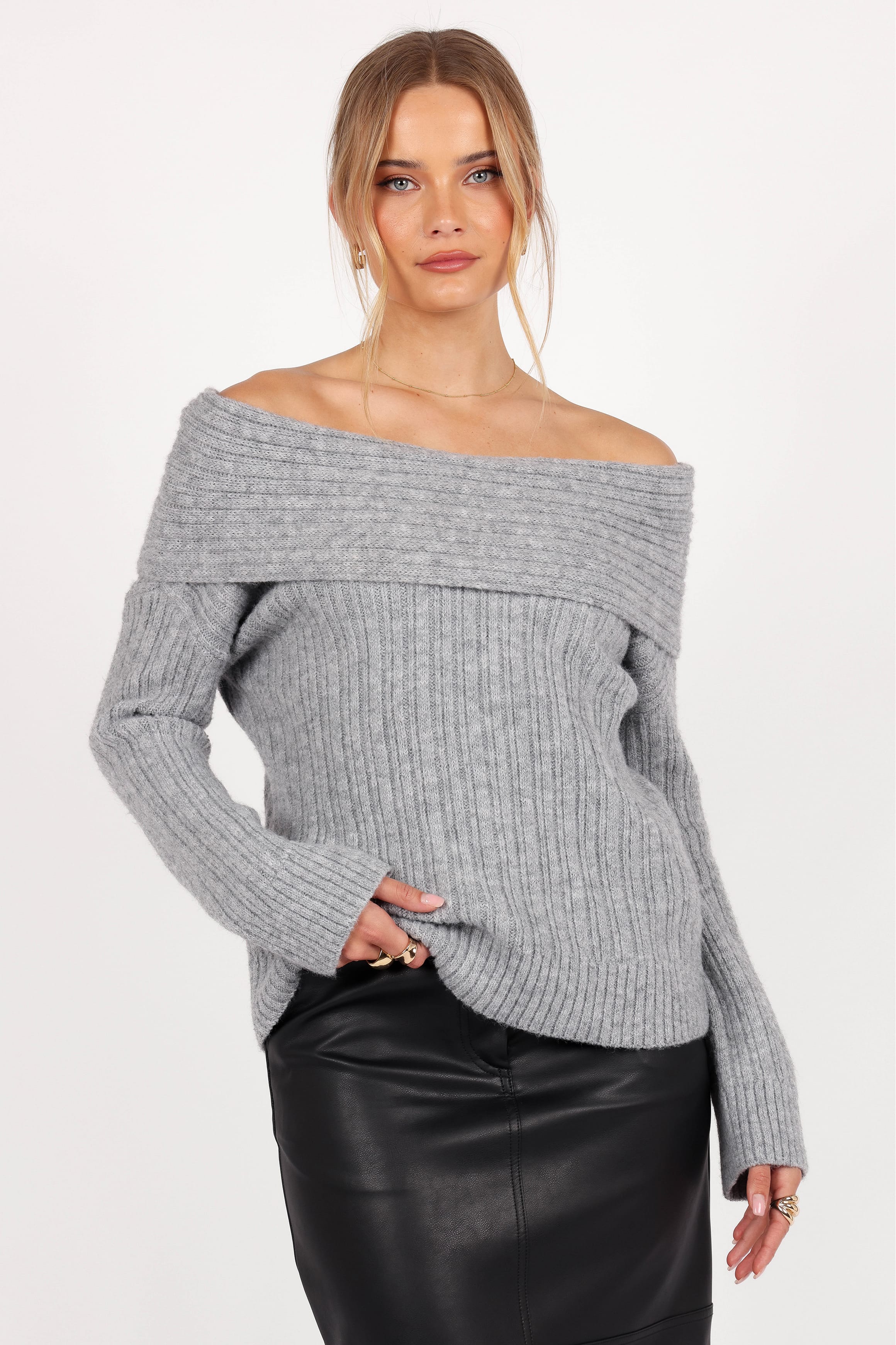 Kenny Off Shoulder Knit Sweater - Grey - Image 3