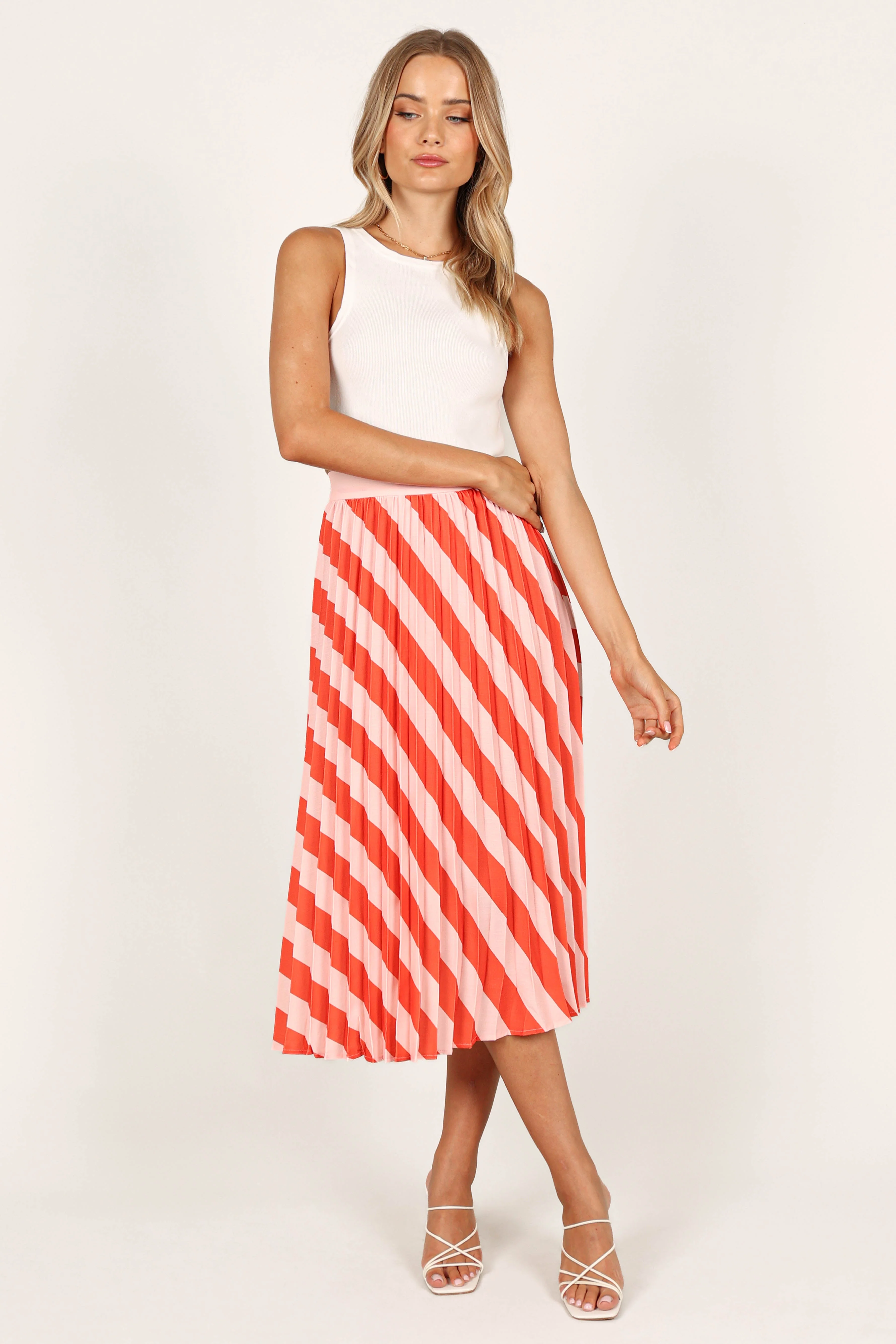 Kimberly Pleat Midi Skirt - Pink Stripe - Image 3