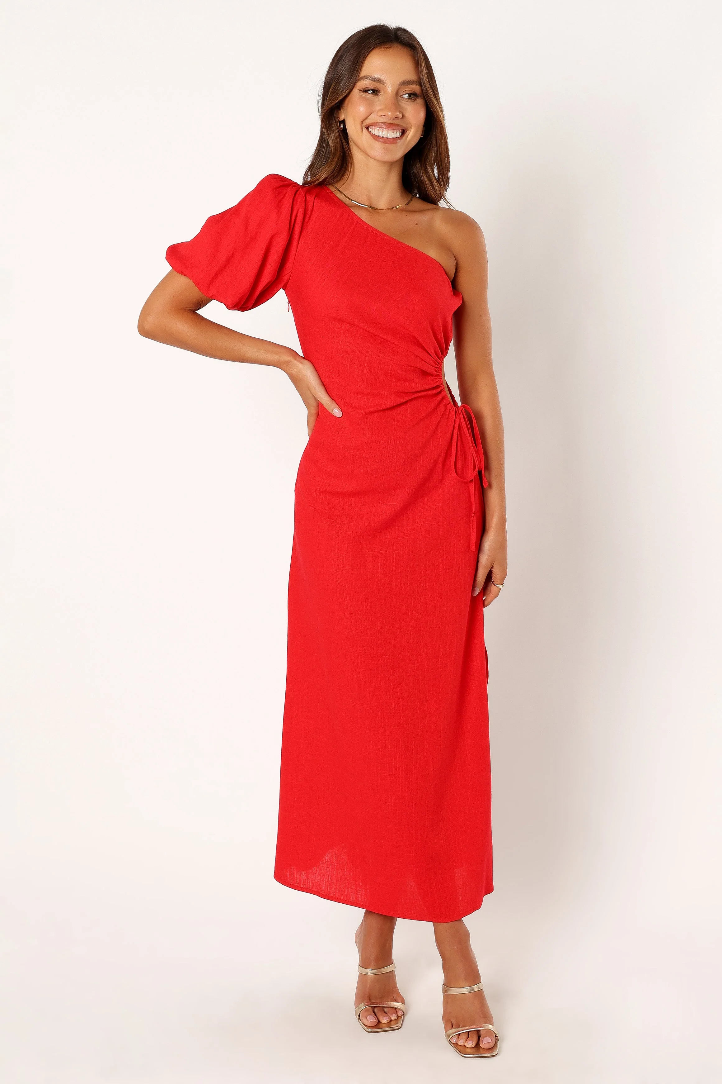 Kimmie One Shoulder Cut Out Midi Dress - Red - Image 2