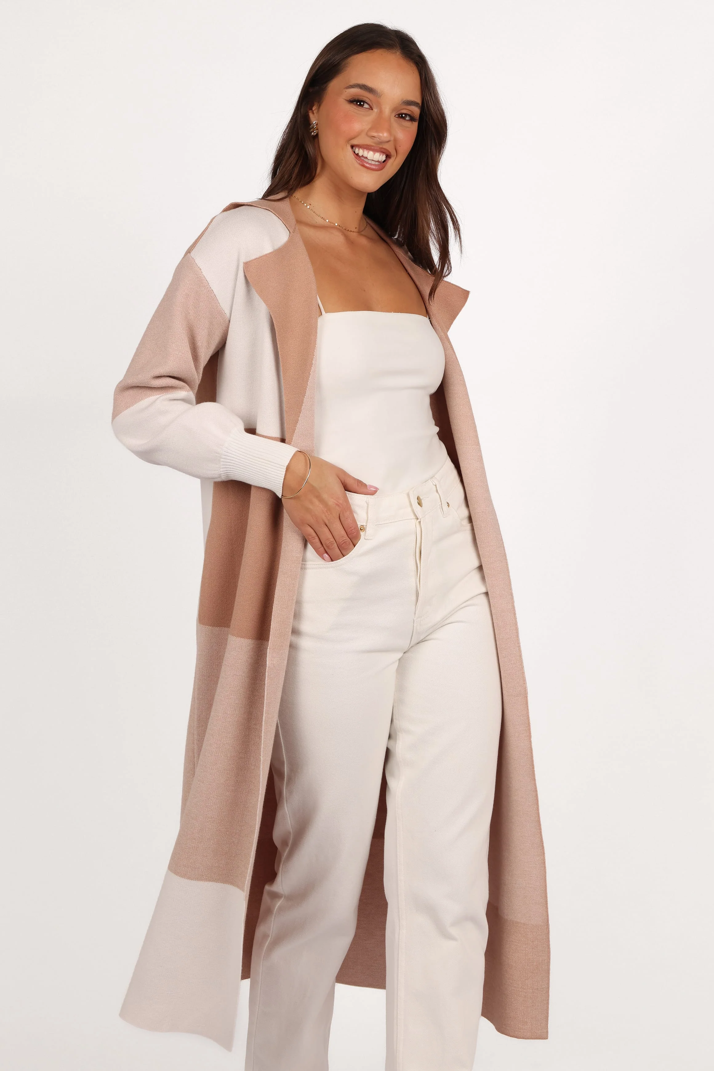 Kingston Large Check Long Cardigan - Beige Check - Image 2
