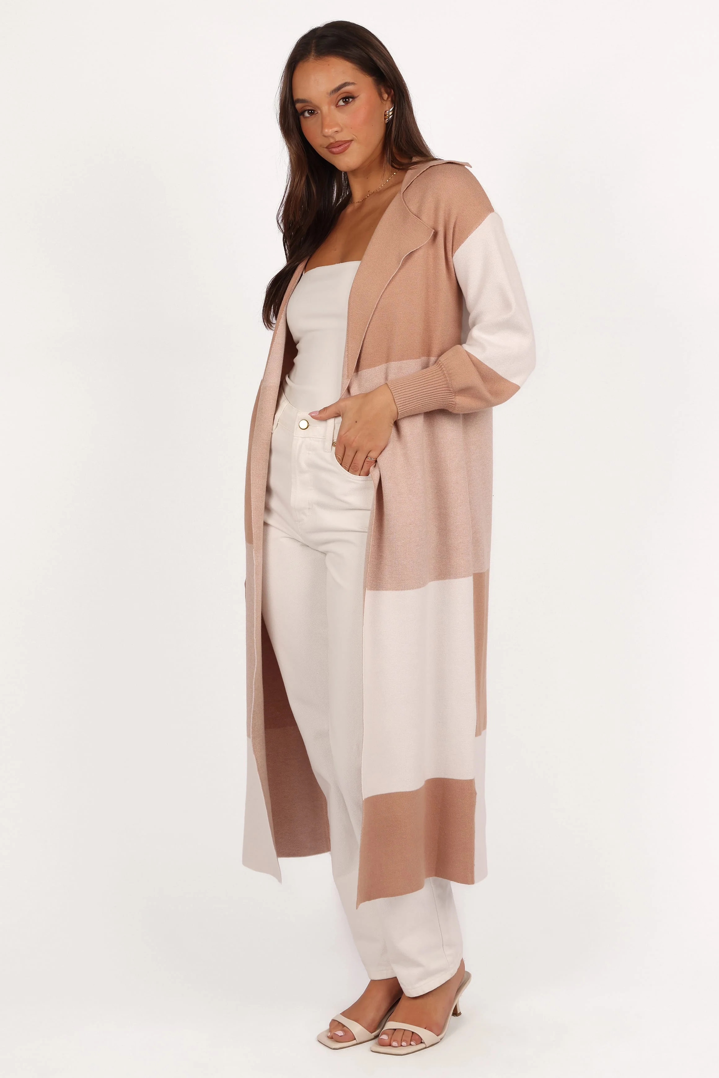 Kingston Large Check Long Cardigan - Beige Check - Image 3