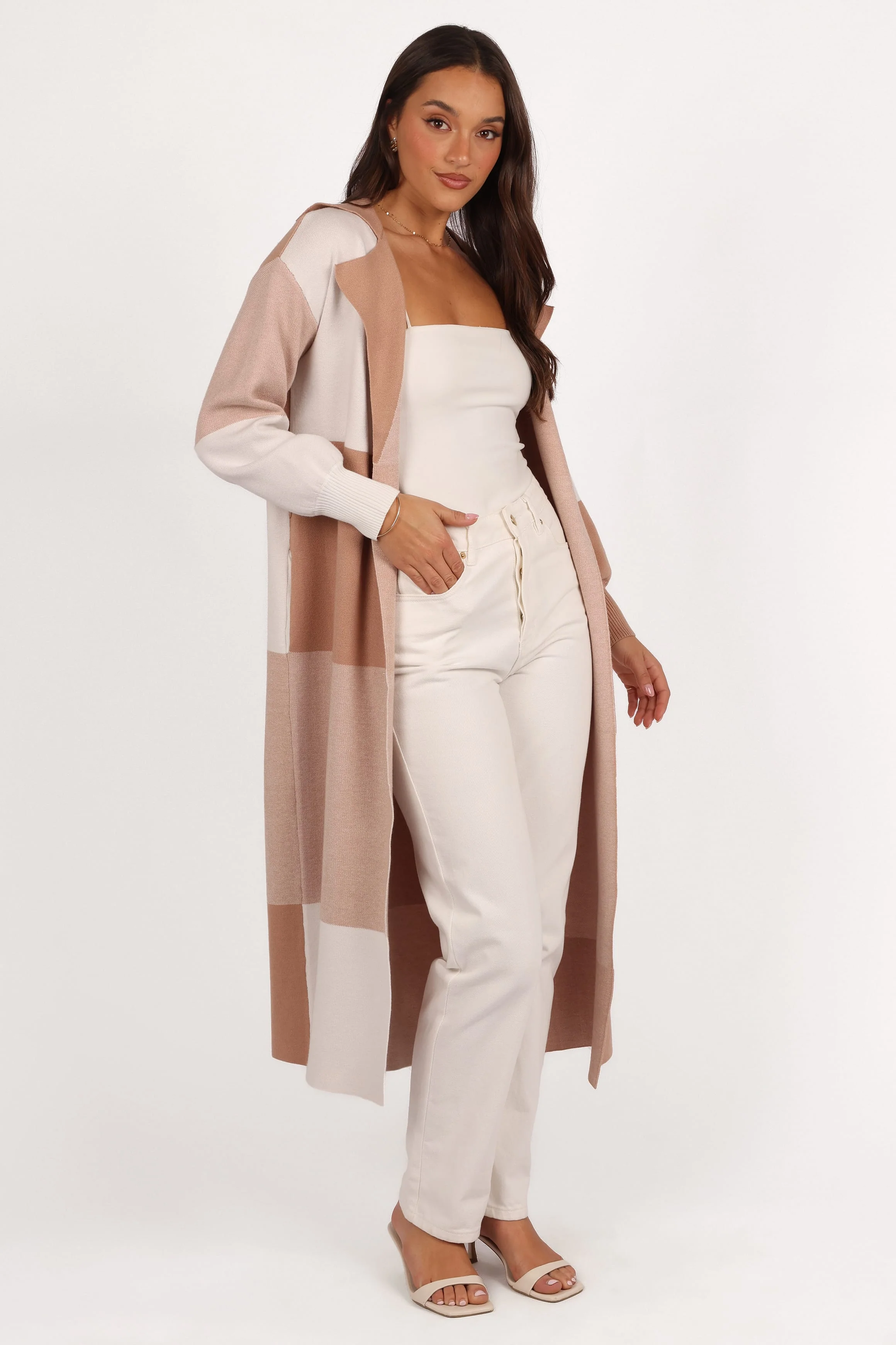Kingston Large Check Long Cardigan - Beige Check - Image 5