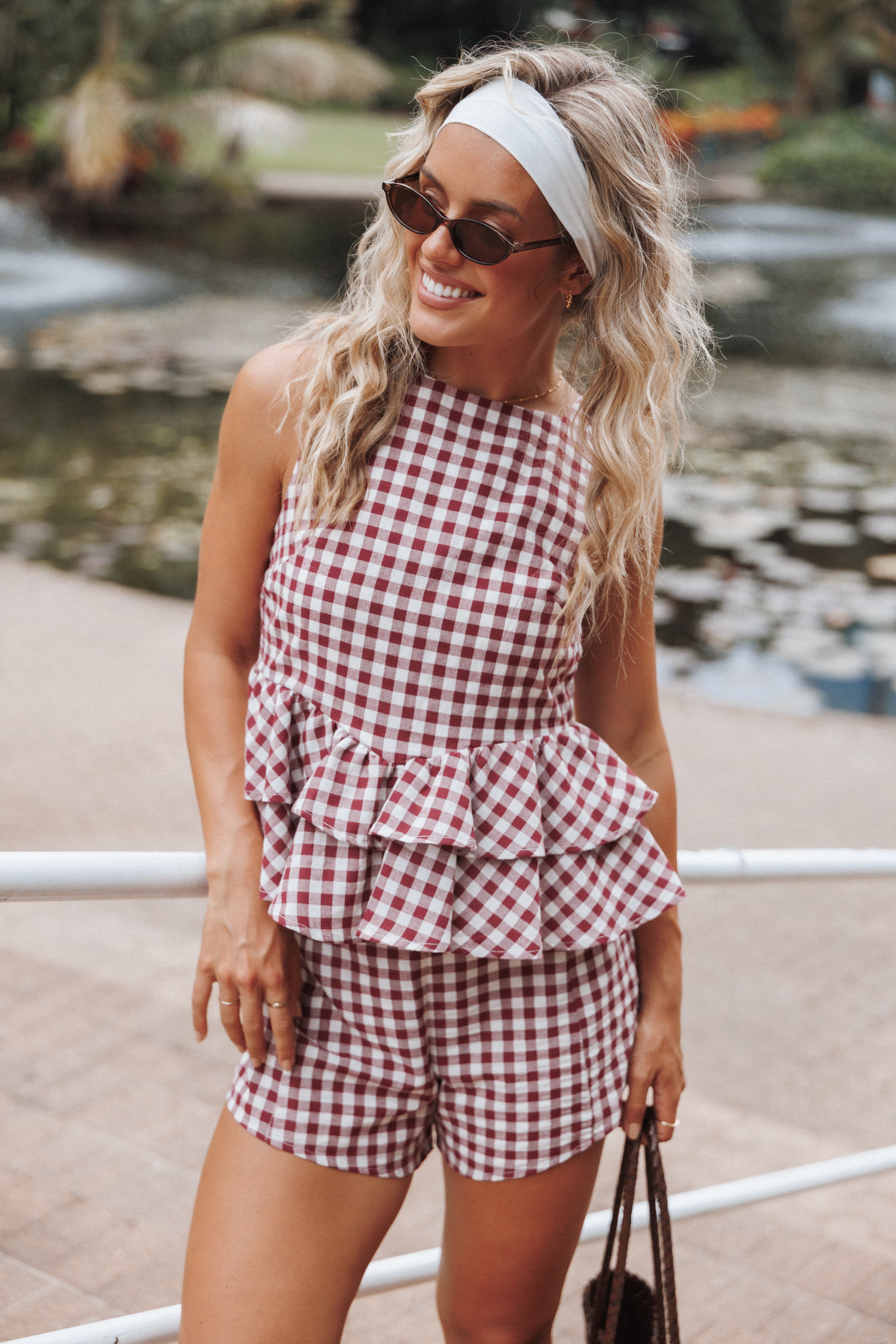 Landon Tiered Peplum Top - Burgundy Gingham