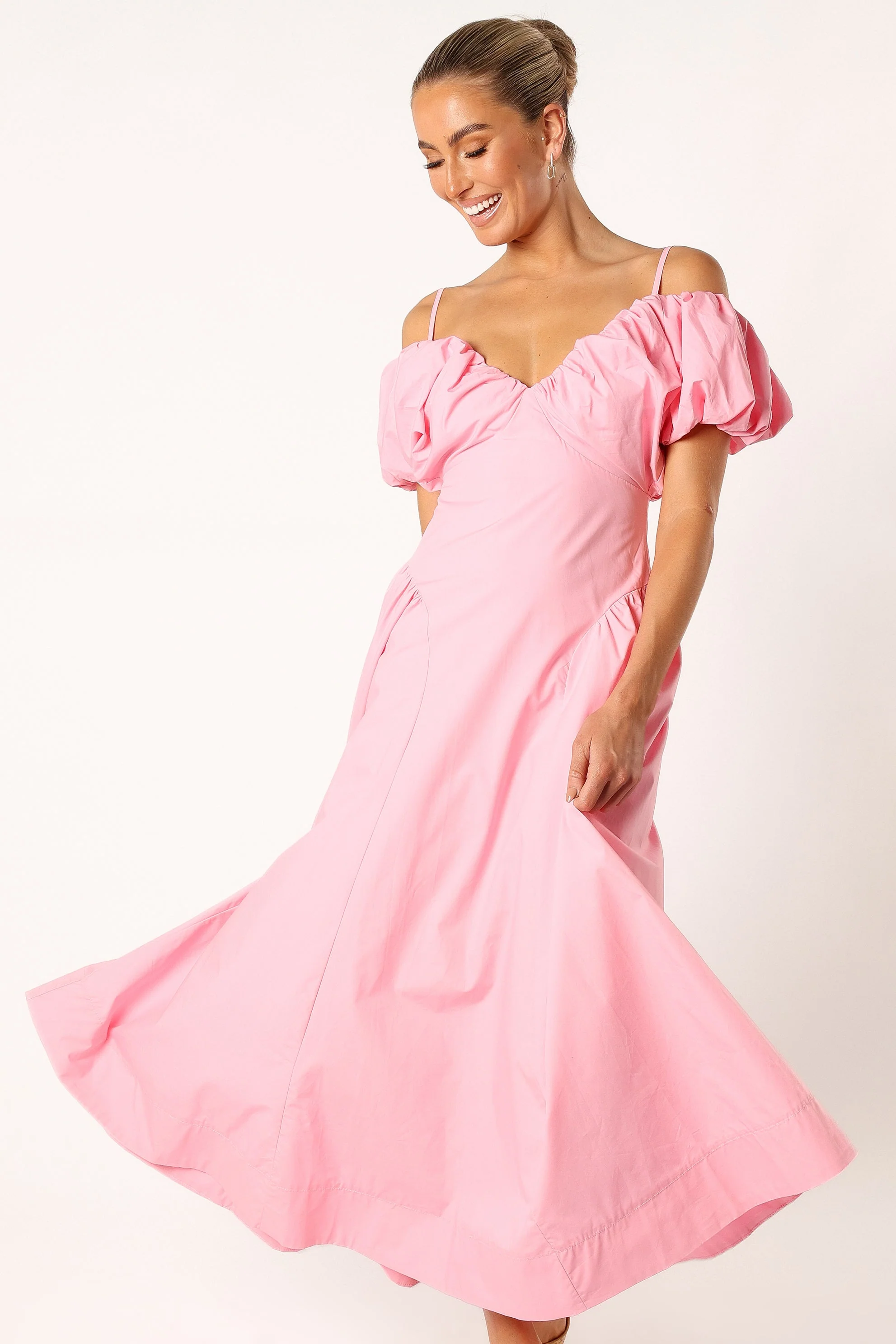 Liner Puff Sleeve Midi Dress - Pink - Image 10