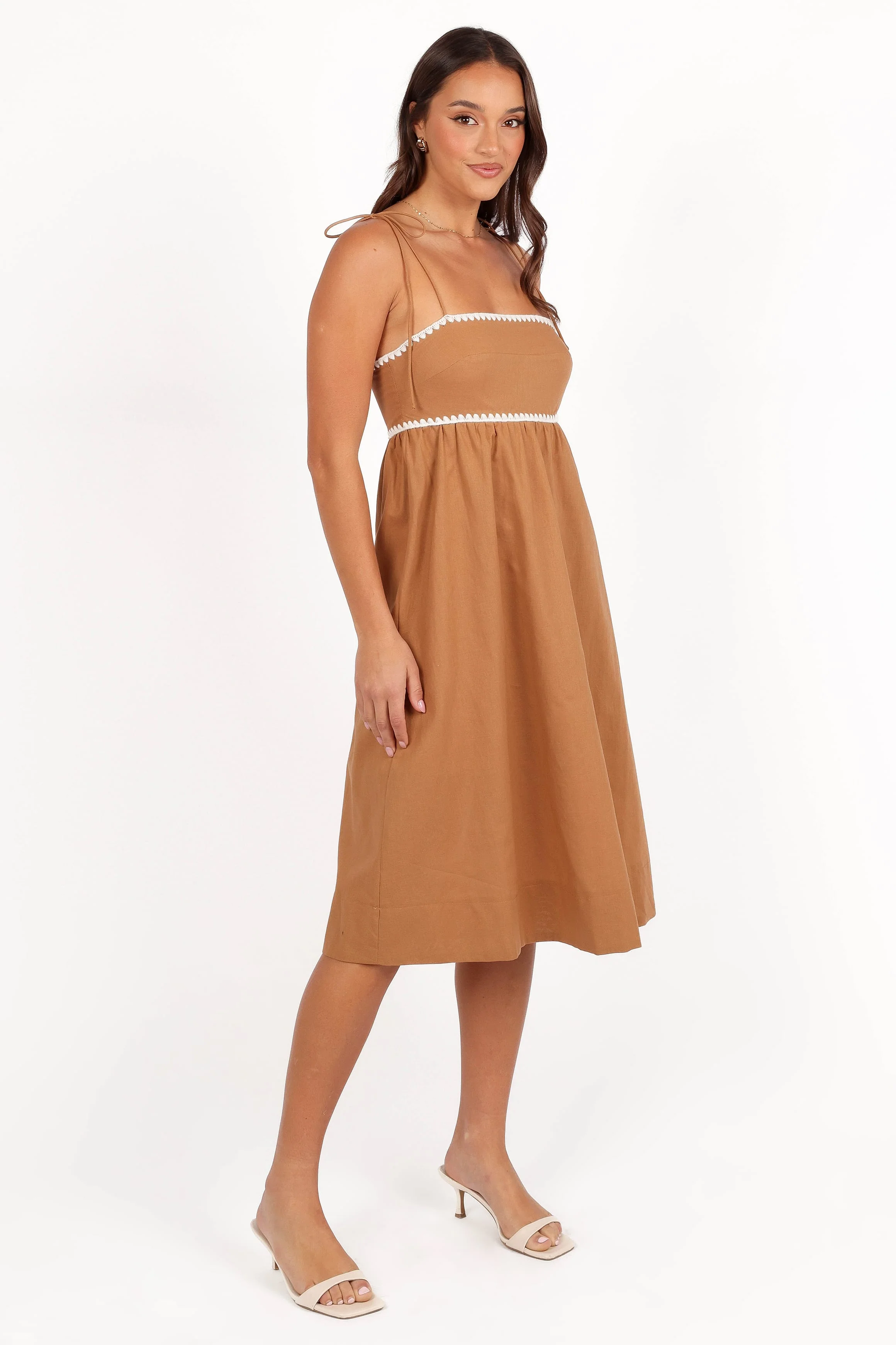 Lino Contrast Trim Midi Dress - Tan White - Image 7
