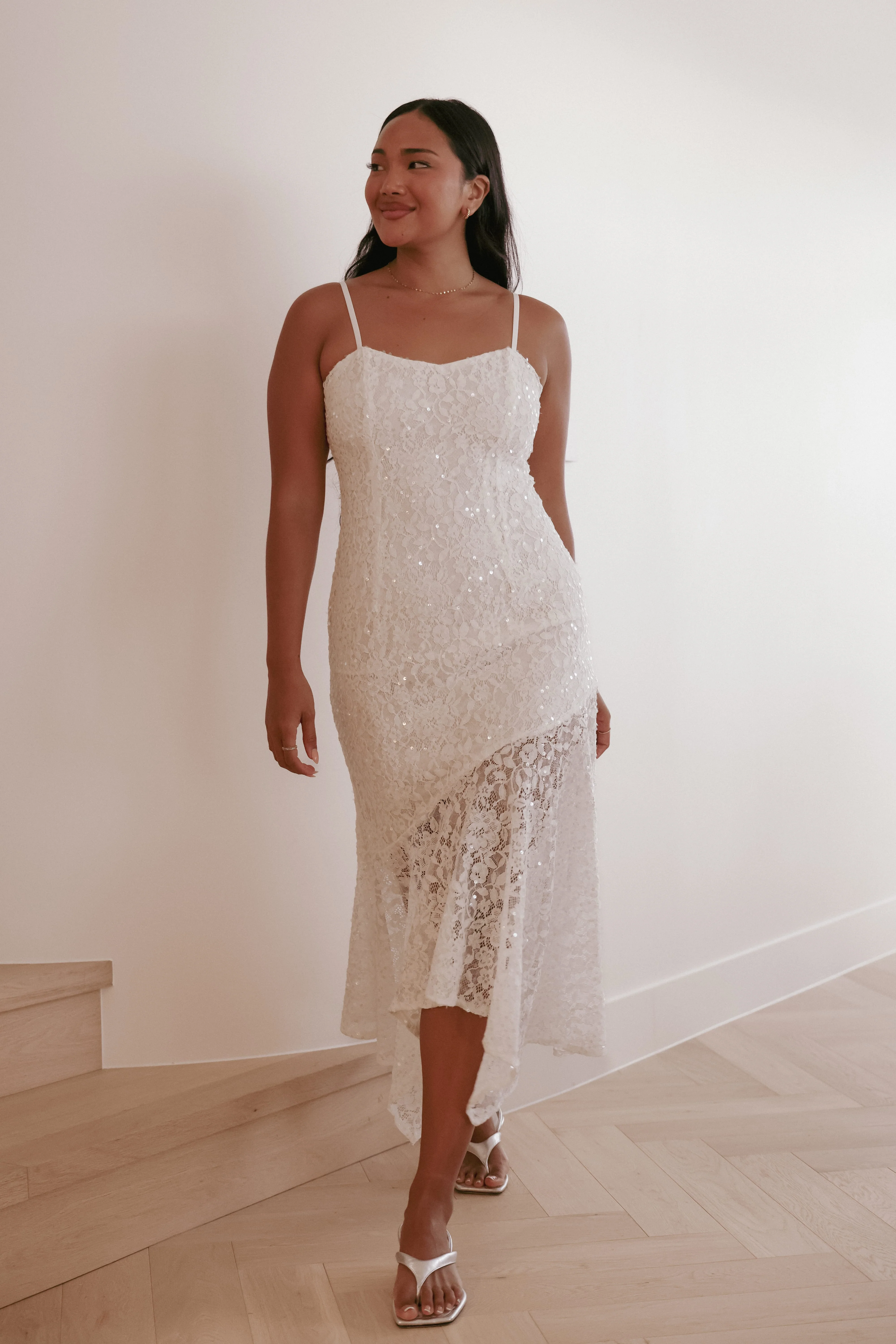 Lorde Midi Dress - White Lace Sequin