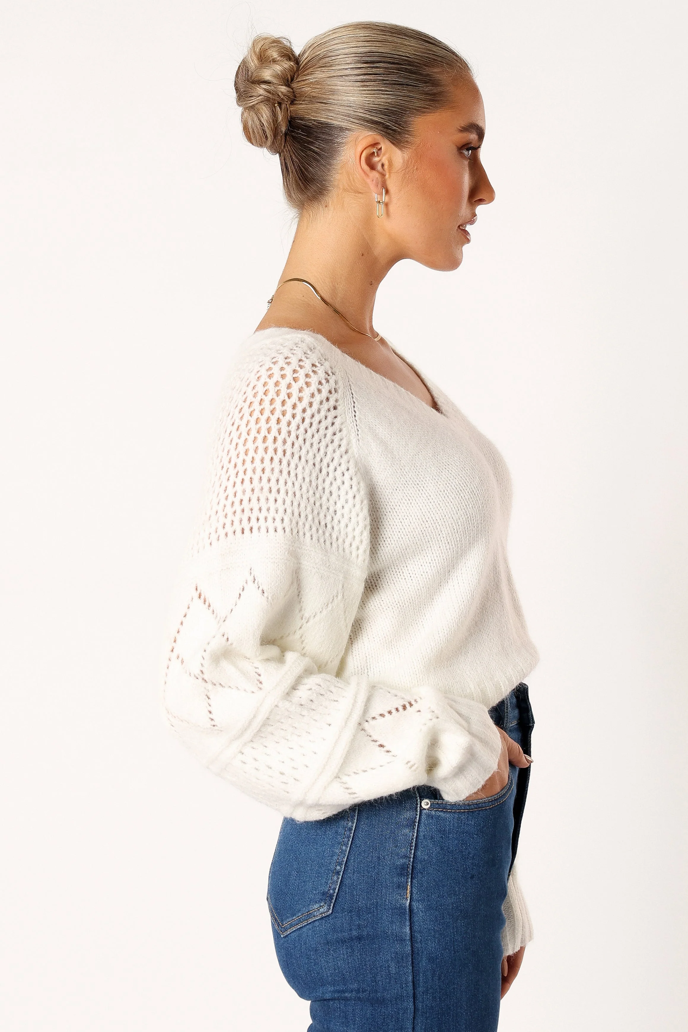 Lottie V Neck Texture Sleeve Knit Sweater - White - Image 3