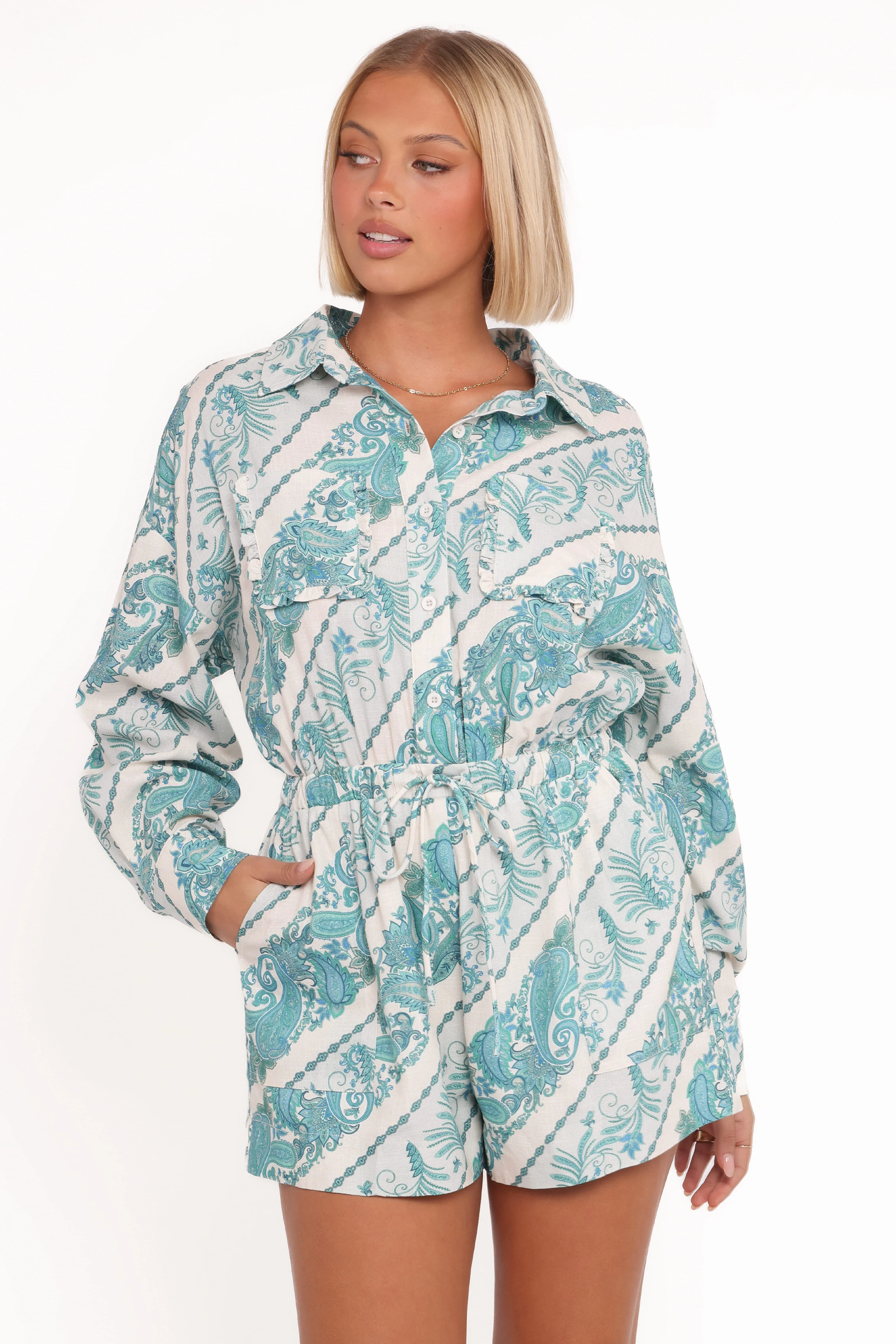 Macy Long Sleeve Playsuit - Aqua Paisley