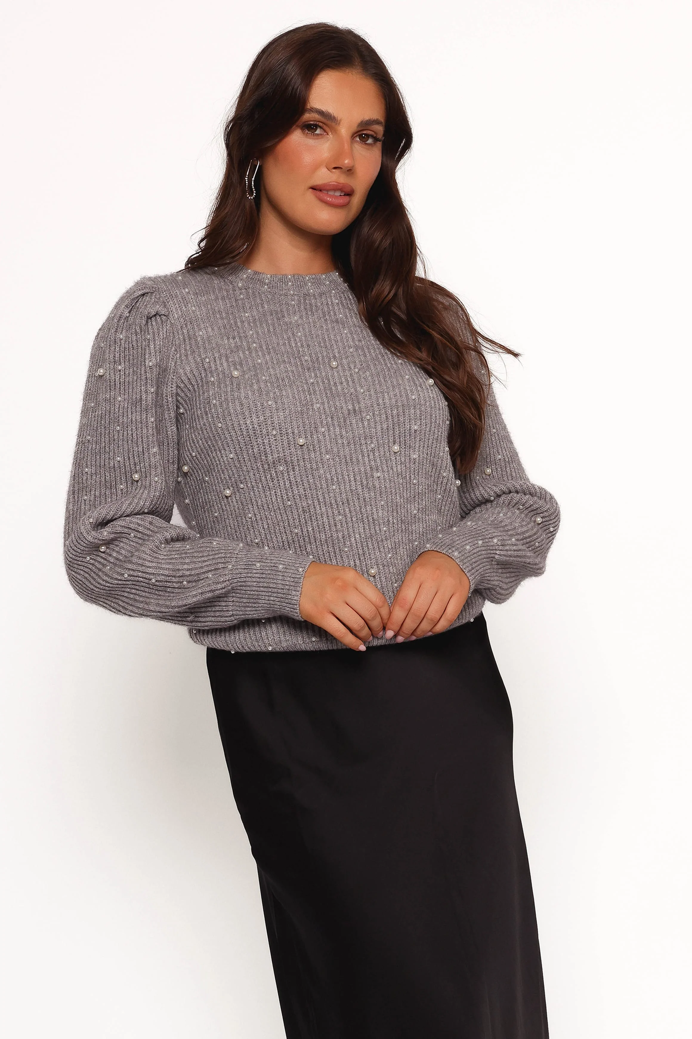 Makena Pearl Detail Knit Sweater - Heather Grey - Image 6