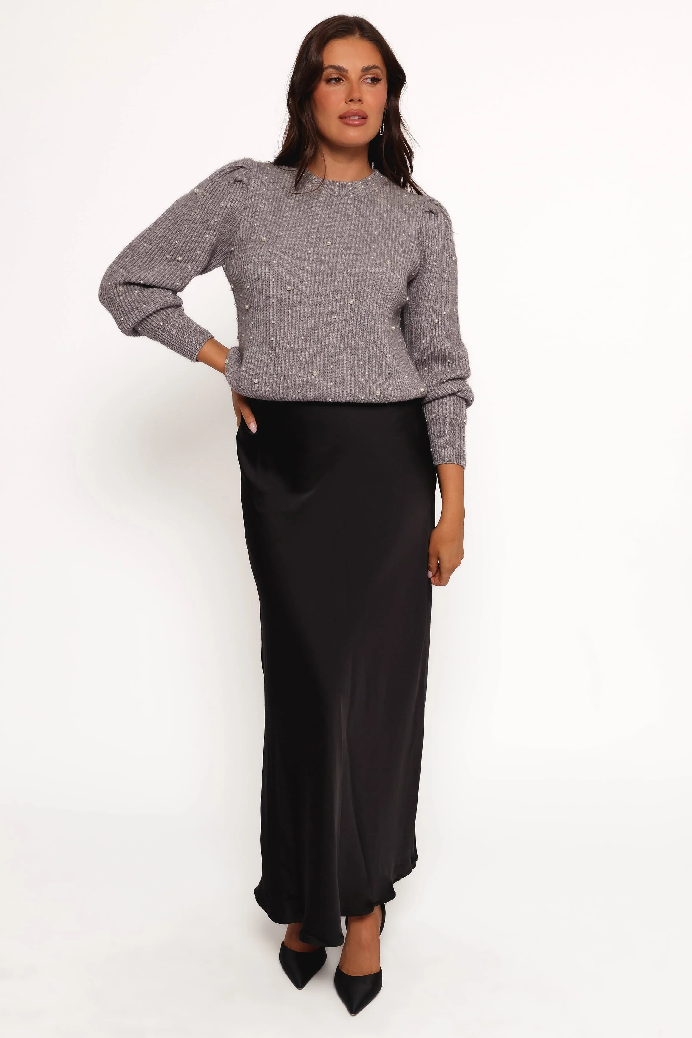 Makena Pearl Detail Knit Sweater - Heather Grey - Image 8