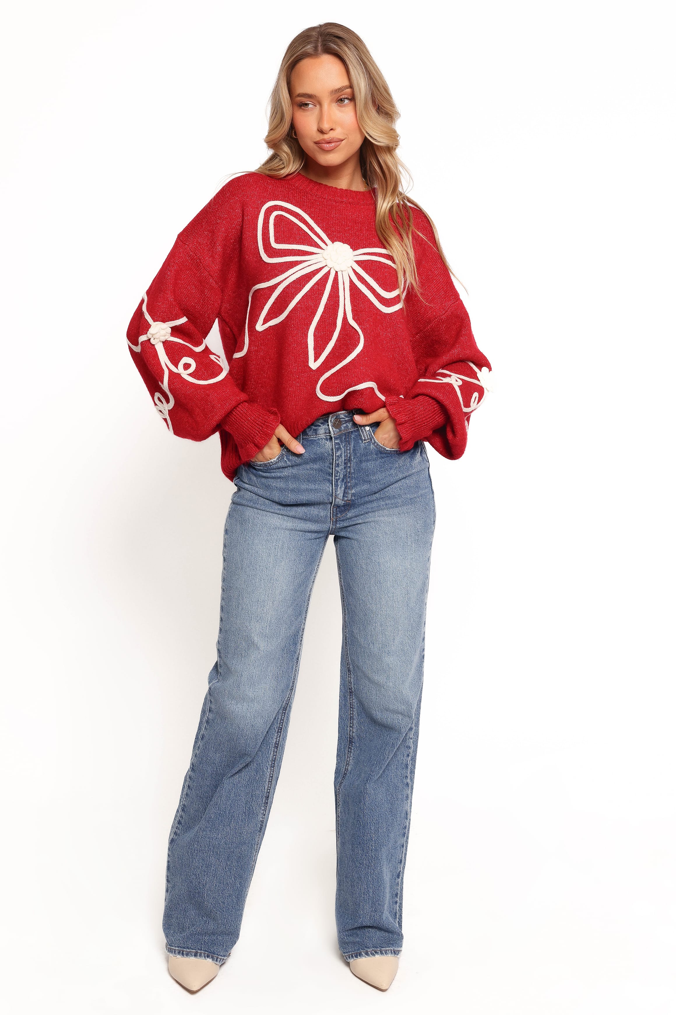 Mardi Large Bow Knit Sweater - Red/Cream - Image 4