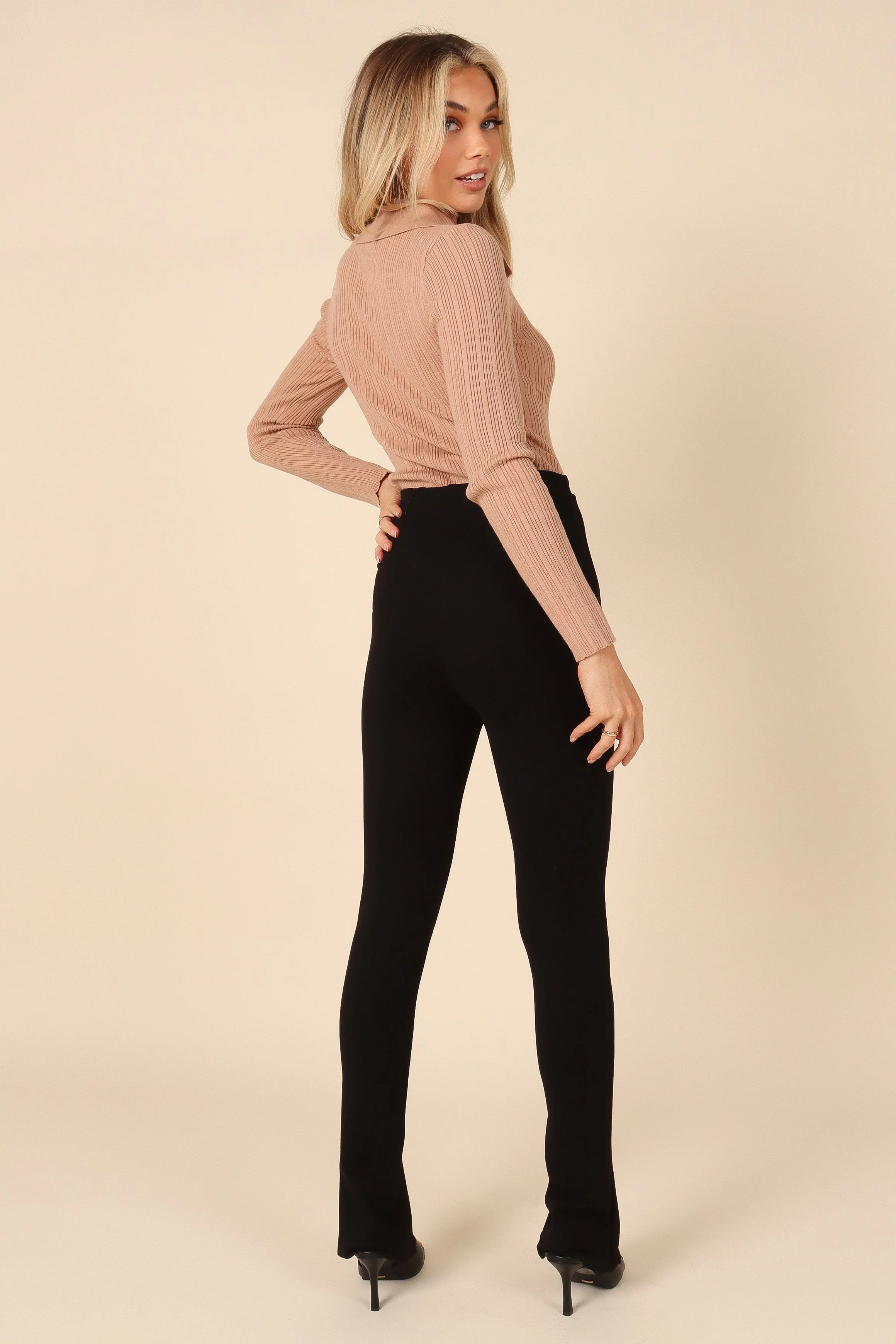 Miley V Neck Collared Knit Top - Beige - Image 4