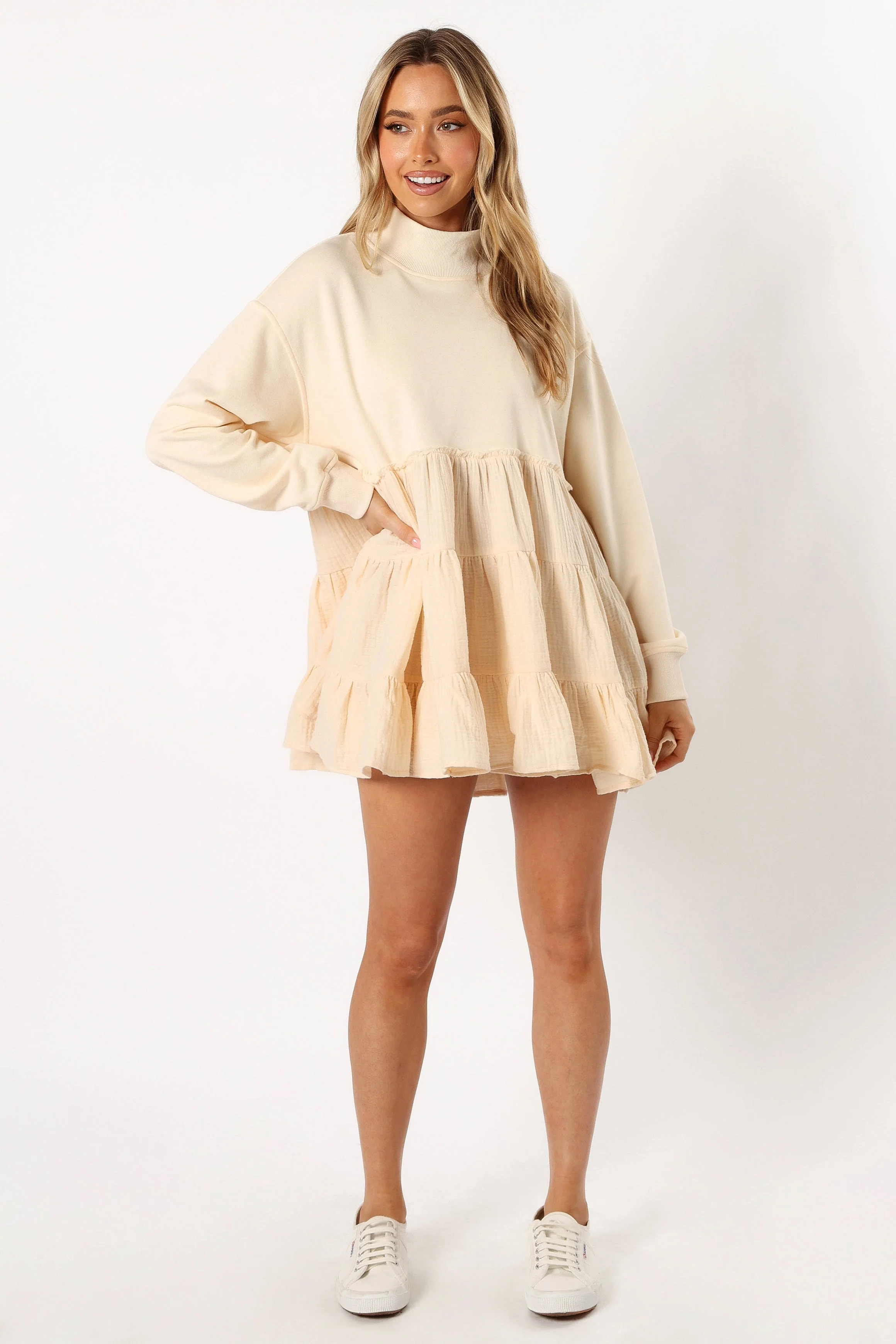 Minia Long Sleeve Mini Dress - Cream - Image 6