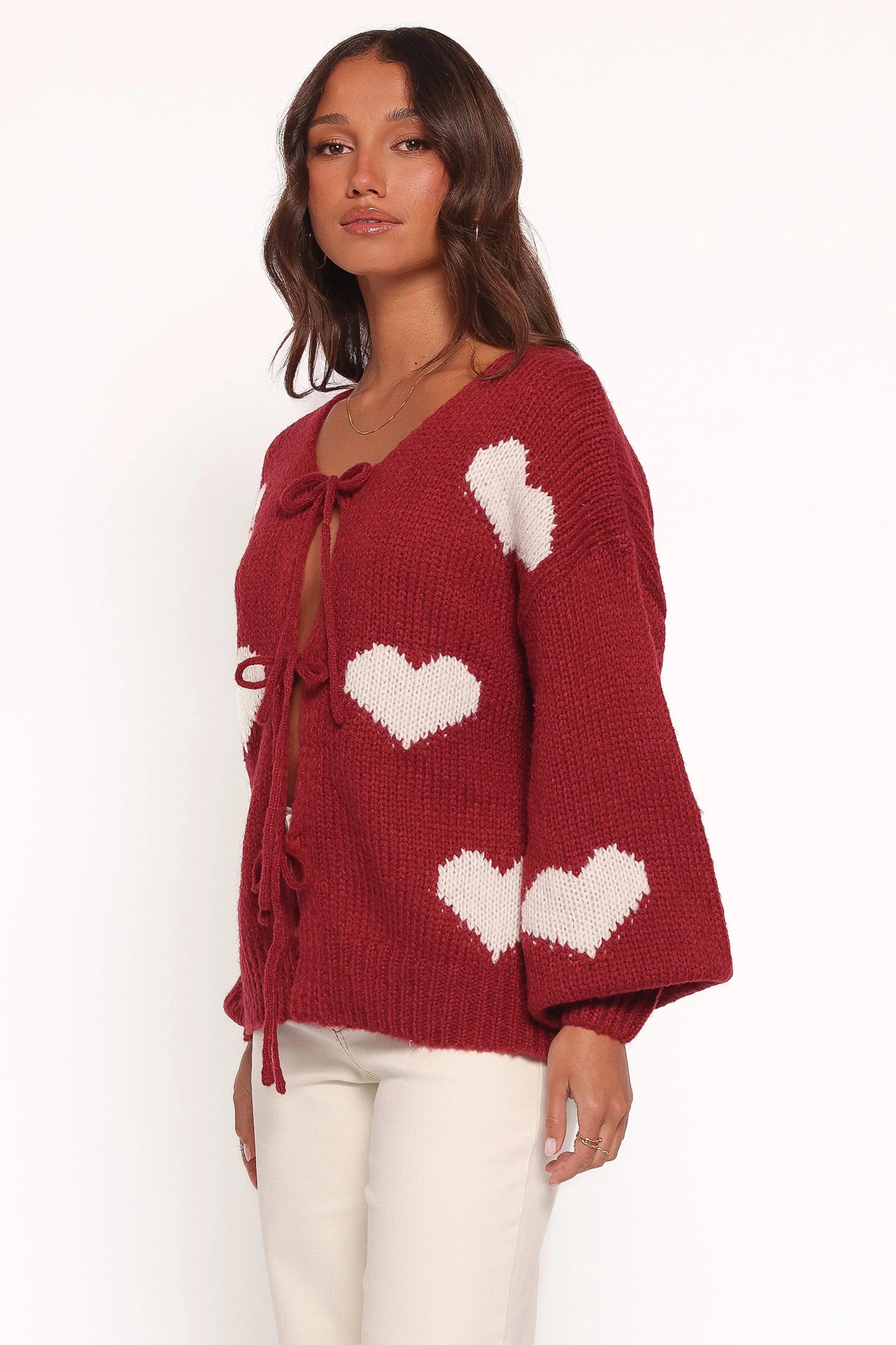 Nadine All Over Heart Tie Front Cardigan - Wine - Image 3