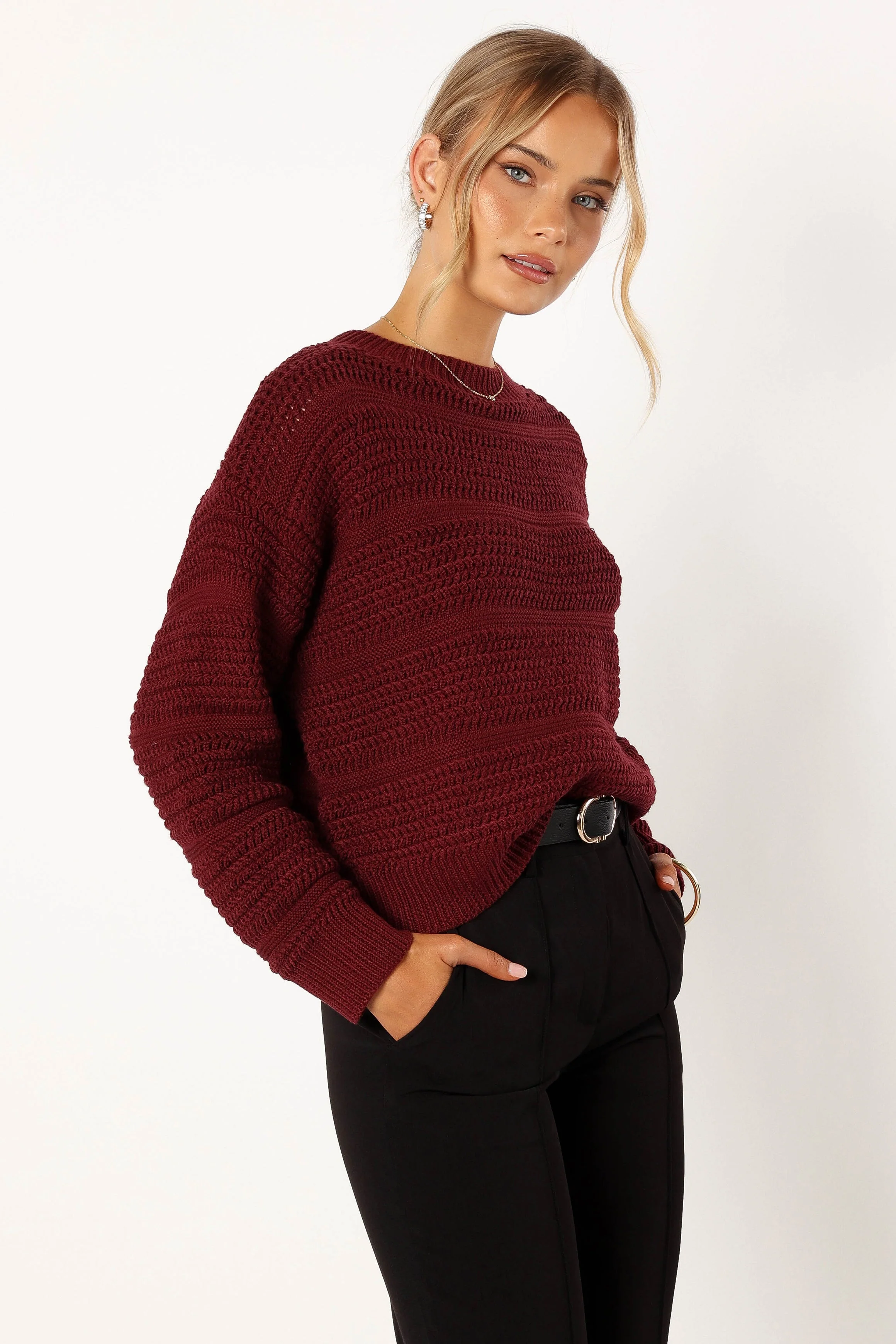 Nancy Crewneck Textured Knit Sweater - Burgundy - Image 6