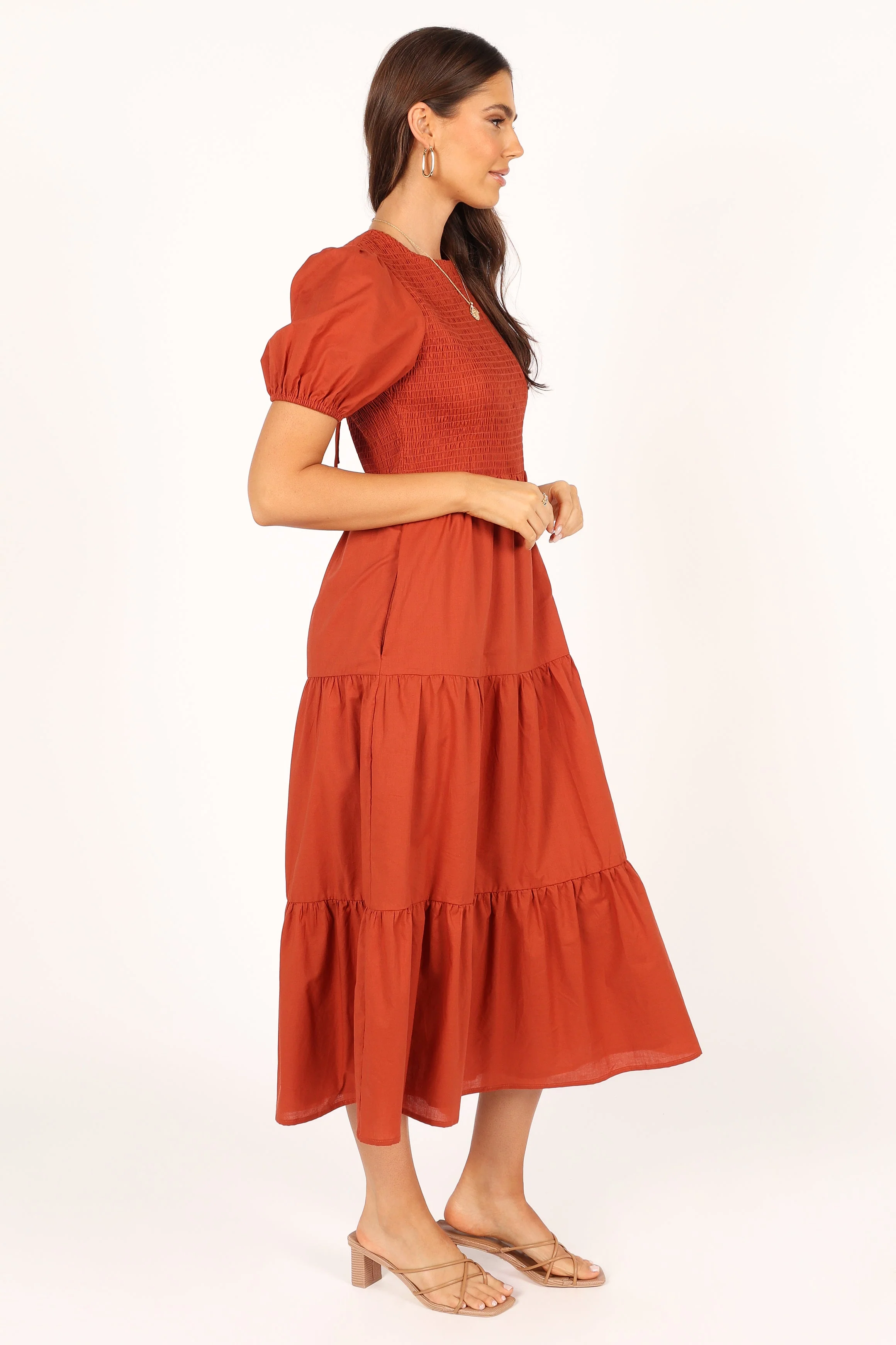 Naura Shirred Tiered Midi Dress - Rust - Image 9