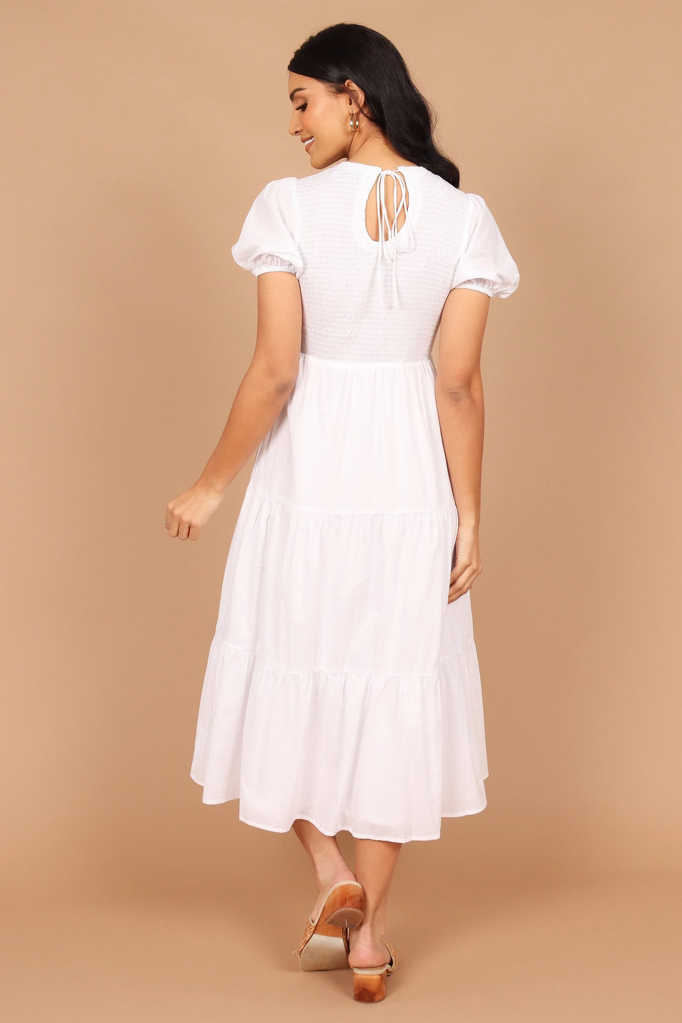 Naura Shirred Tiered Midi Dress - White - Image 3