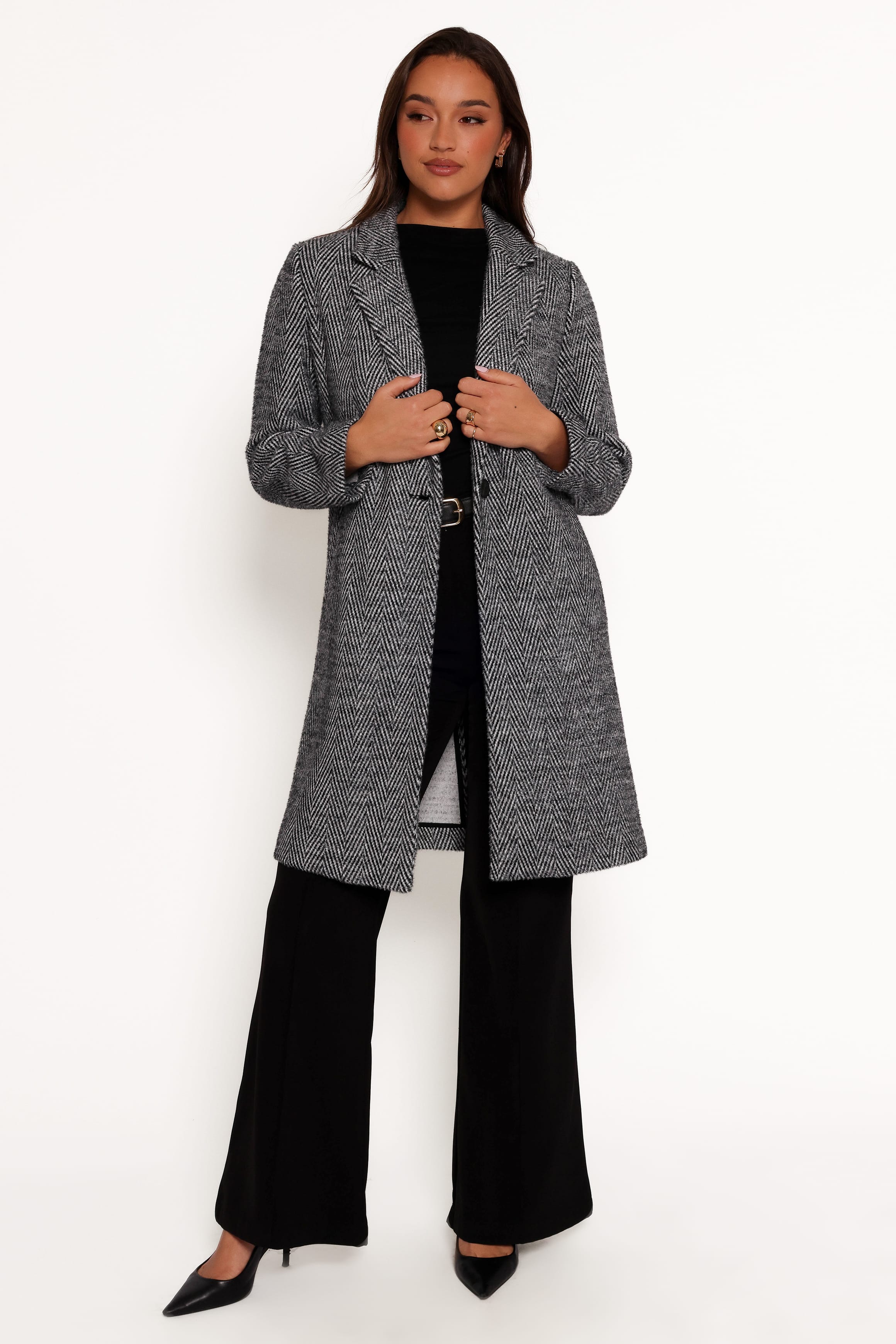 Nicoletta Single Button Herringbone Coat - Black - Image 4