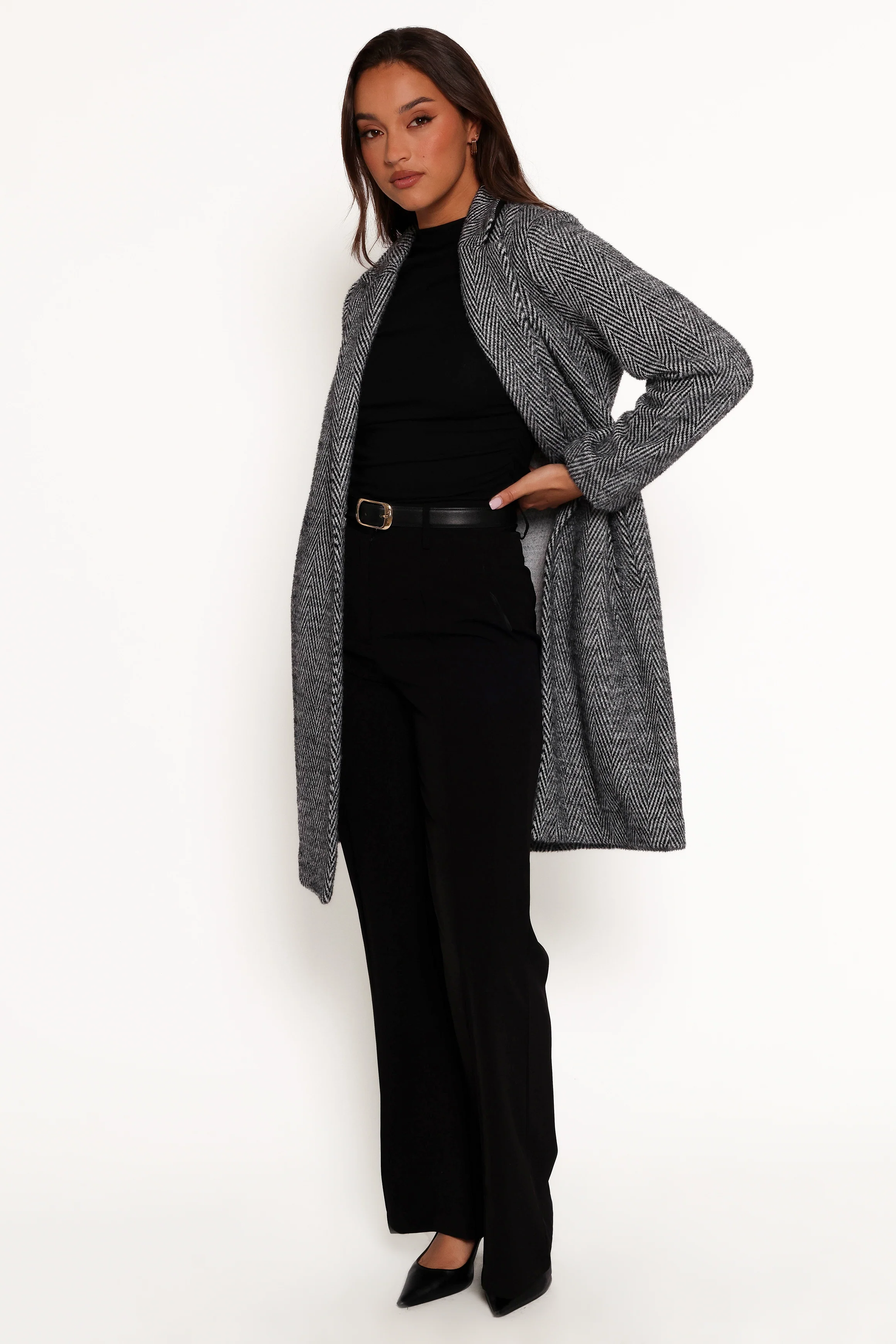 Nicoletta Single Button Herringbone Coat - Black - Image 6