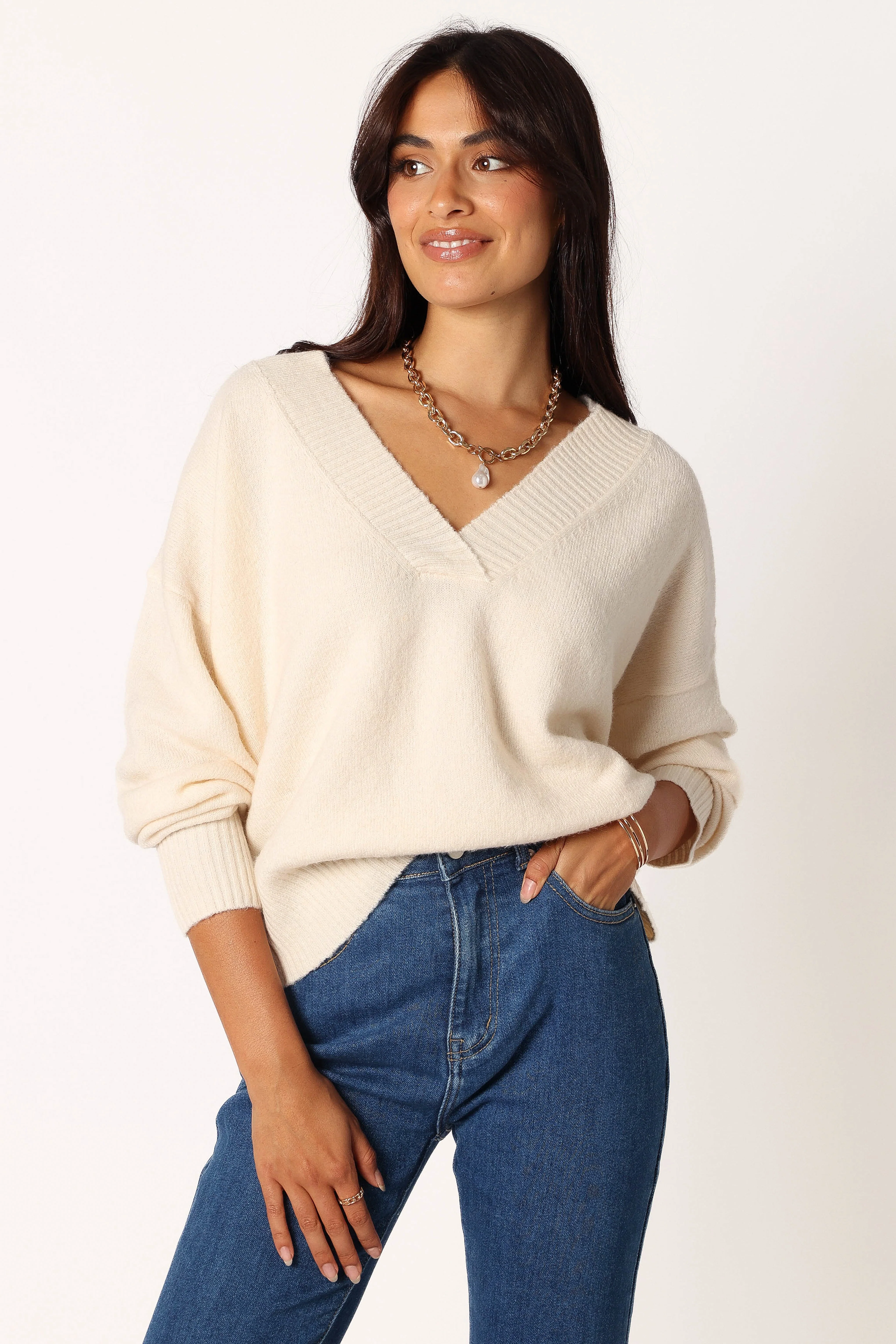 Palmer Vneck Knit Sweater - Cream - Image 5