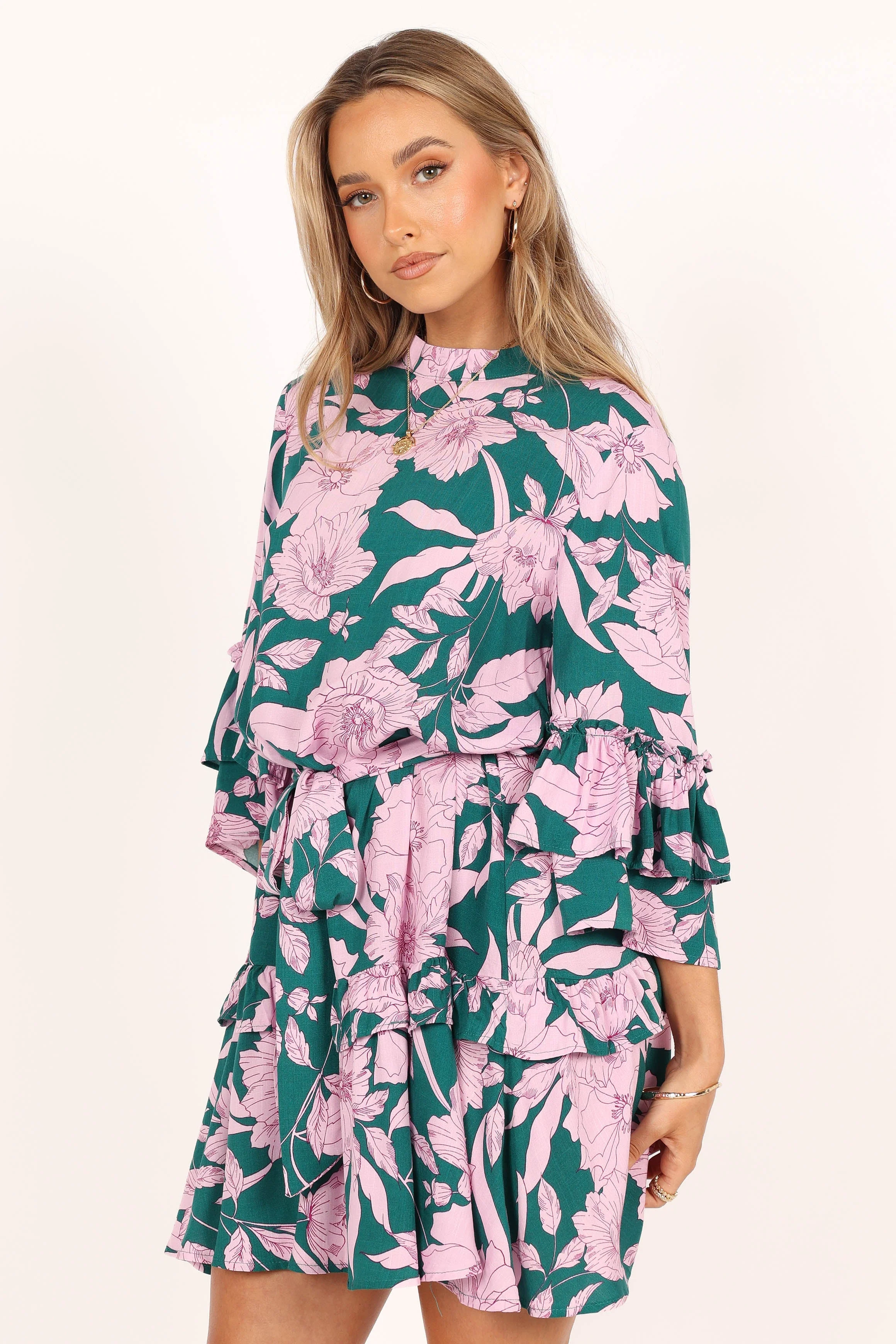 Petitia Long Sleeve Mini Dress - Pink Green Floral - Image 4