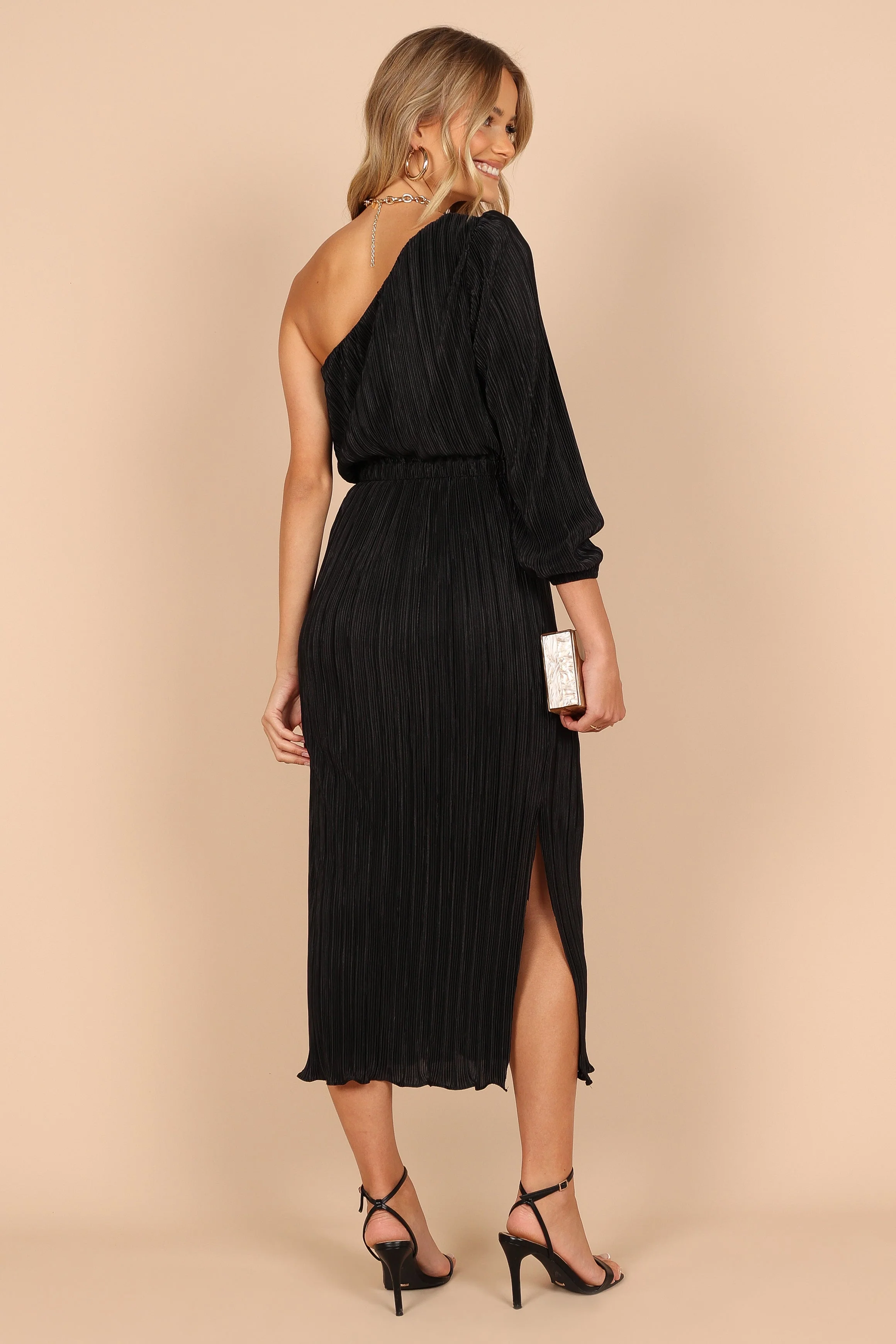 Pontee One Shoulder Pleated Midi Dress - Black - Image 7