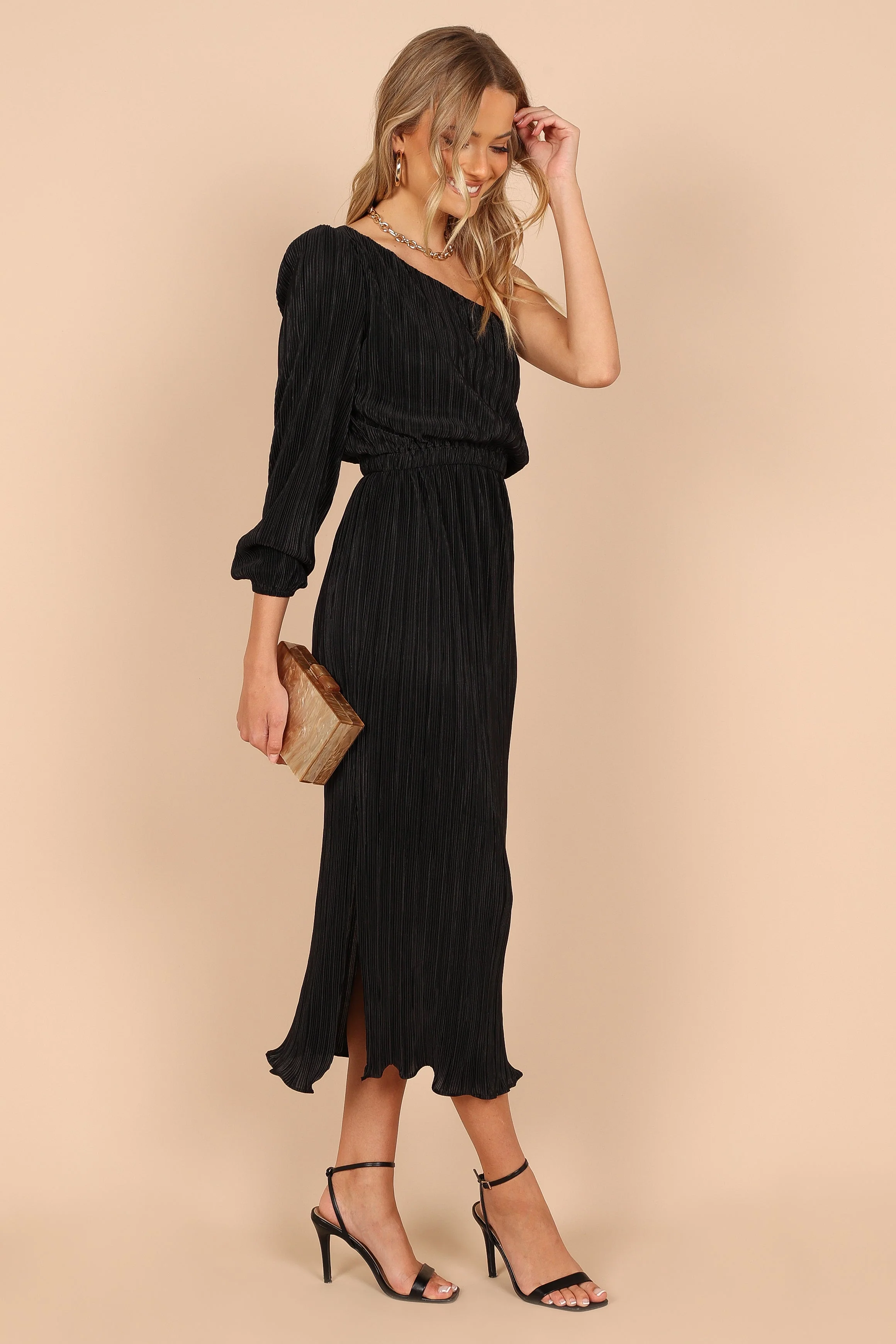 Pontee One Shoulder Pleated Midi Dress - Black - Image 8