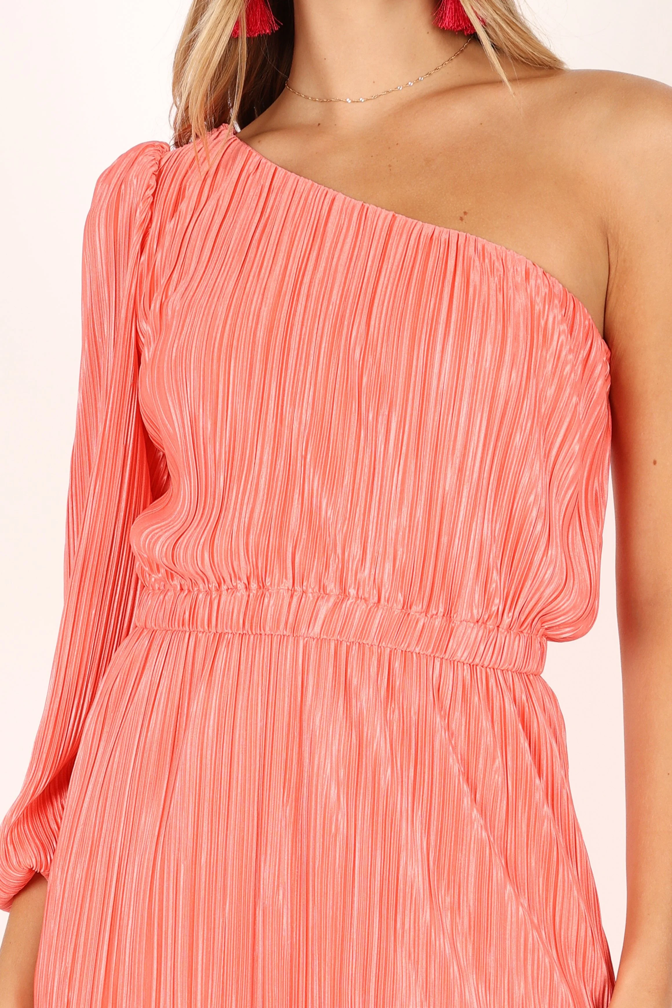 Pontee One Shoulder Pleated Midi Dress - Coral - Image 7
