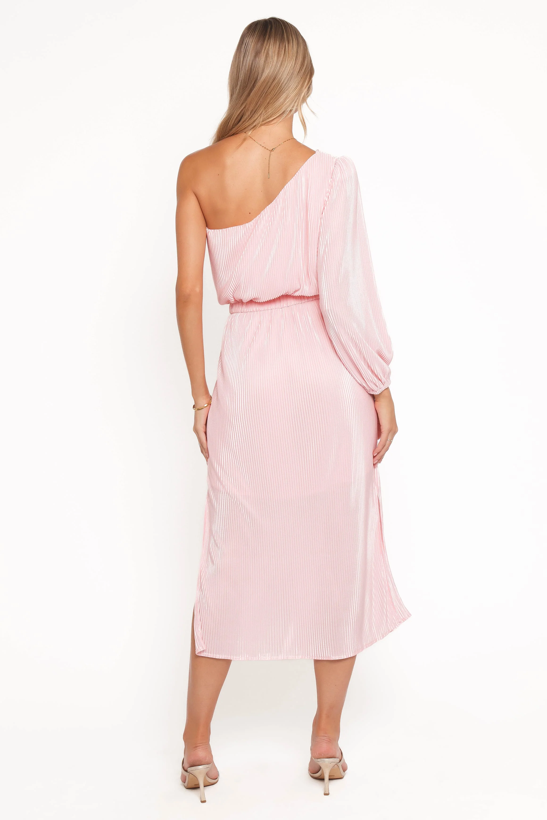 Pontee One Shoulder Pleated Midi Dress - Pink - Image 4