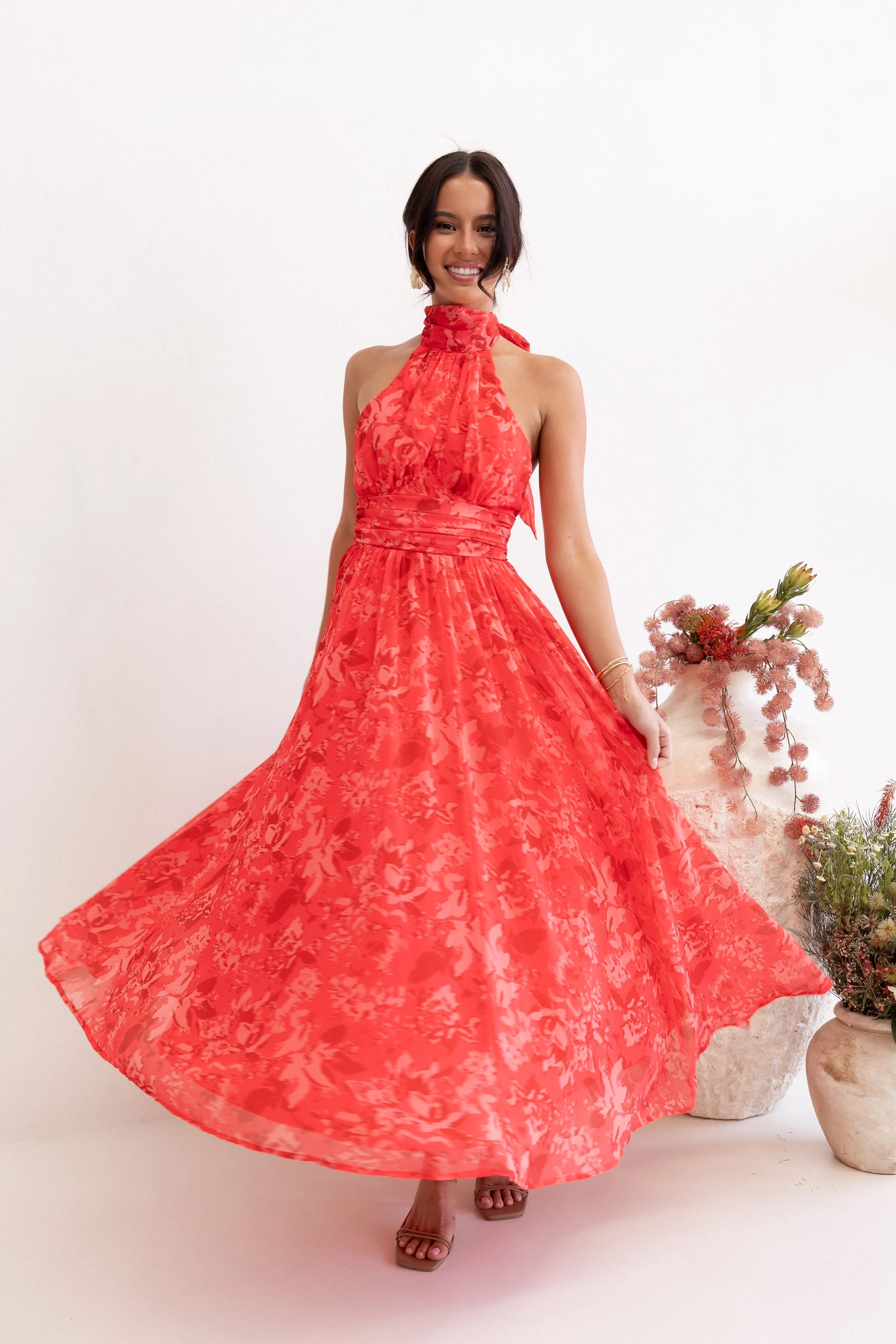 Primrose Halterneck Maxi Dress - Red Floral