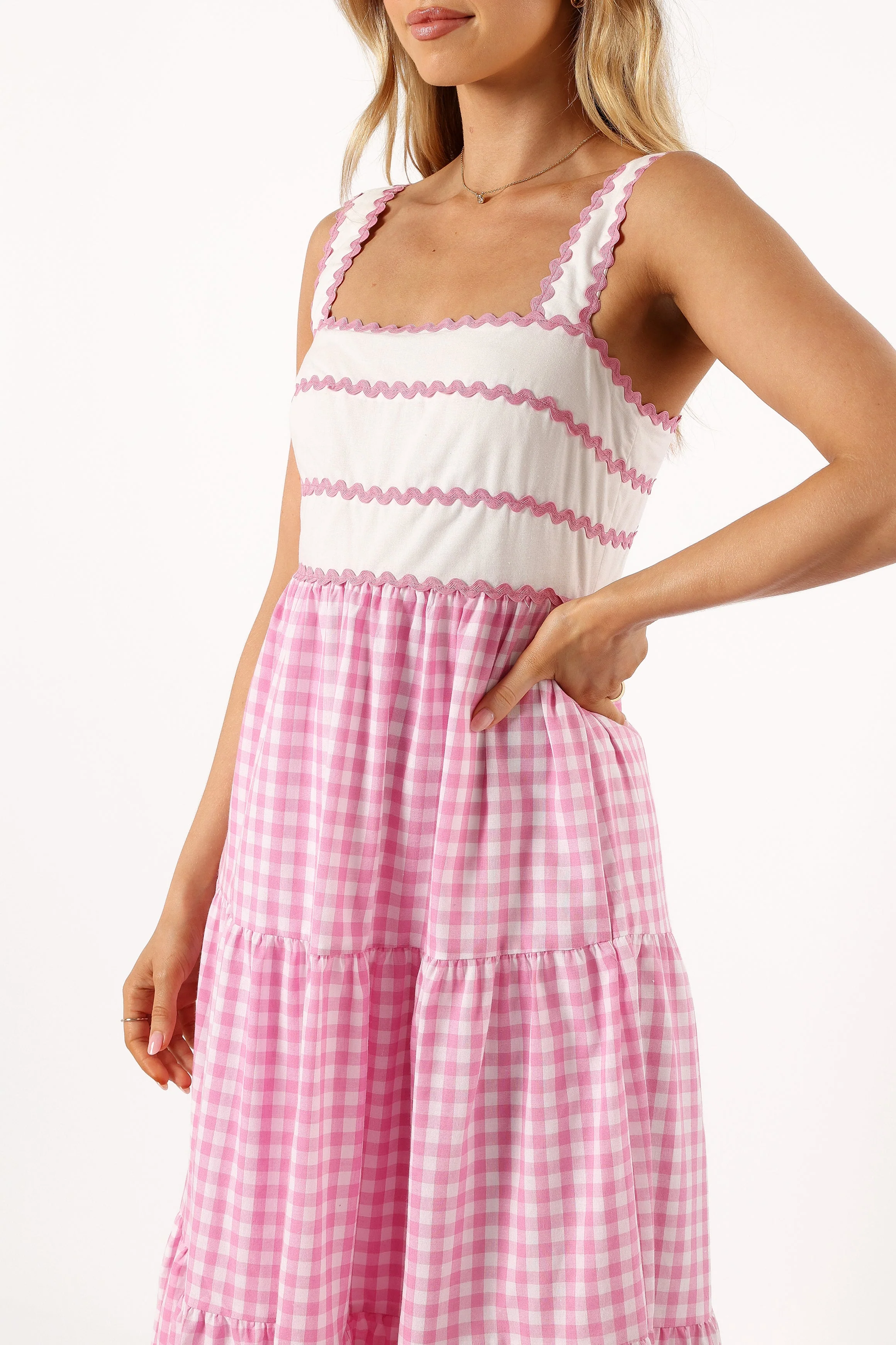 Rebecca Contrast Midi Dress - Pink Gingham - Image 6