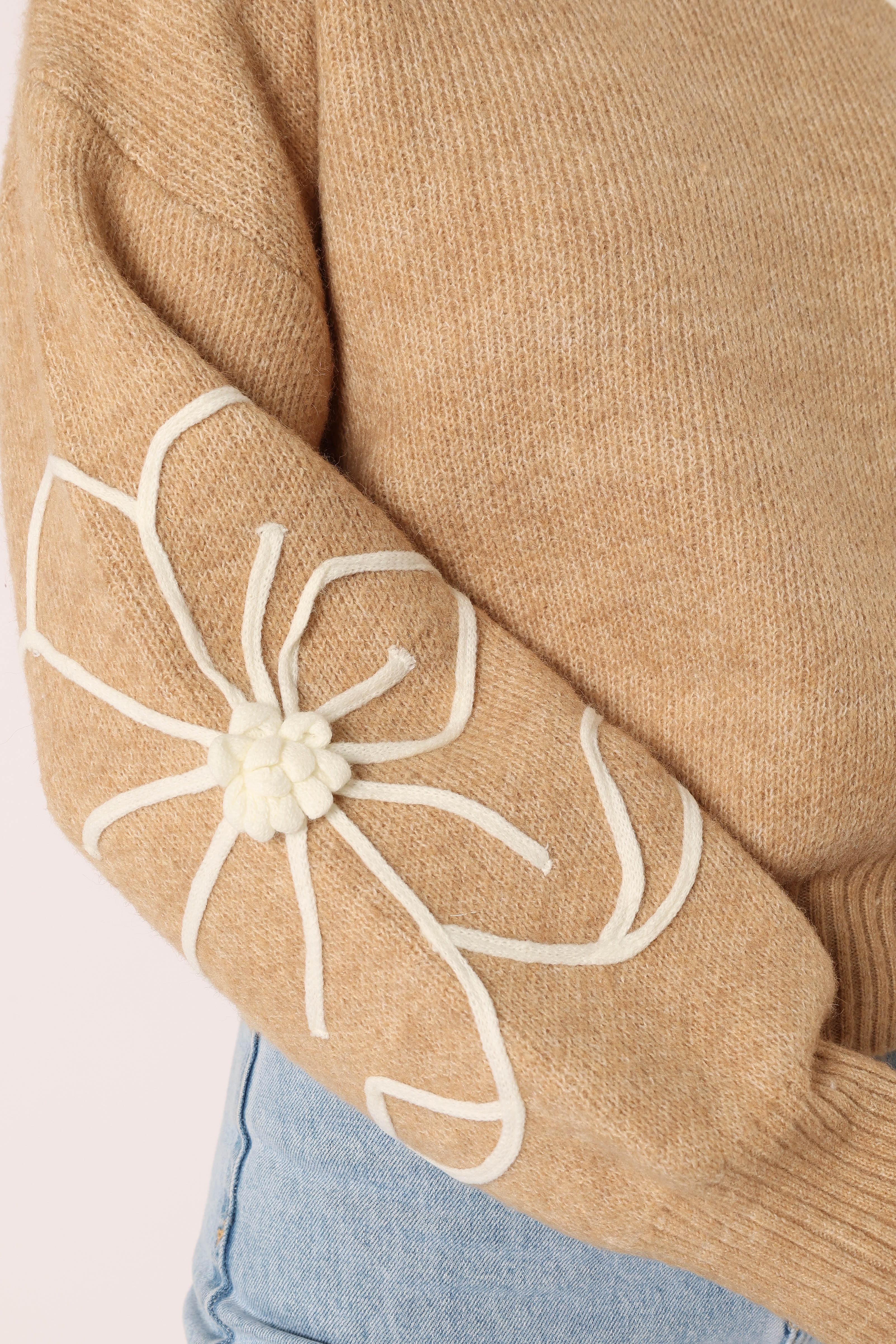 Rebecca Flower Embroidery Mockneck Knit Sweater - Taupe - Image 11