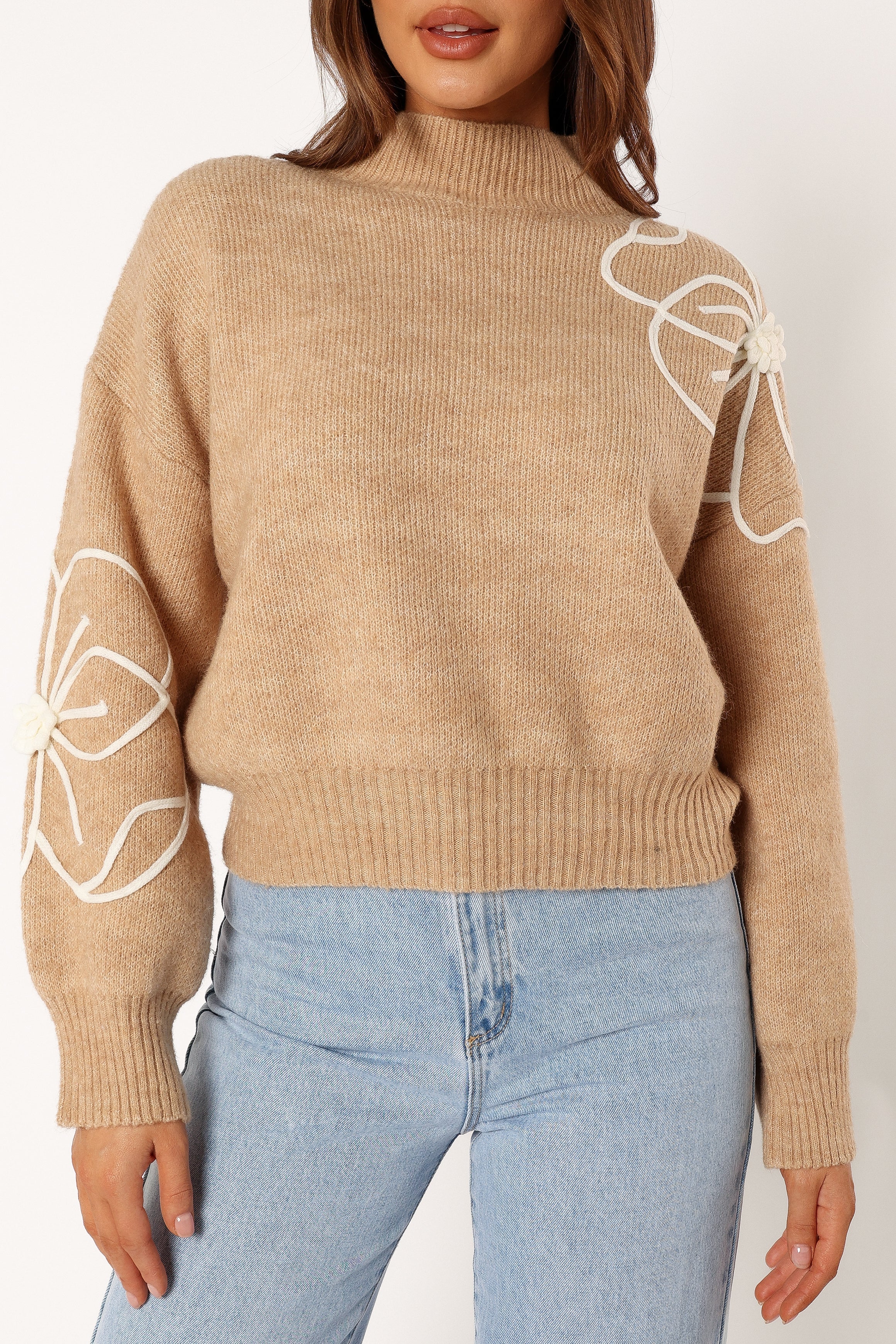 Rebecca Flower Embroidery Mockneck Knit Sweater - Taupe - Image 9