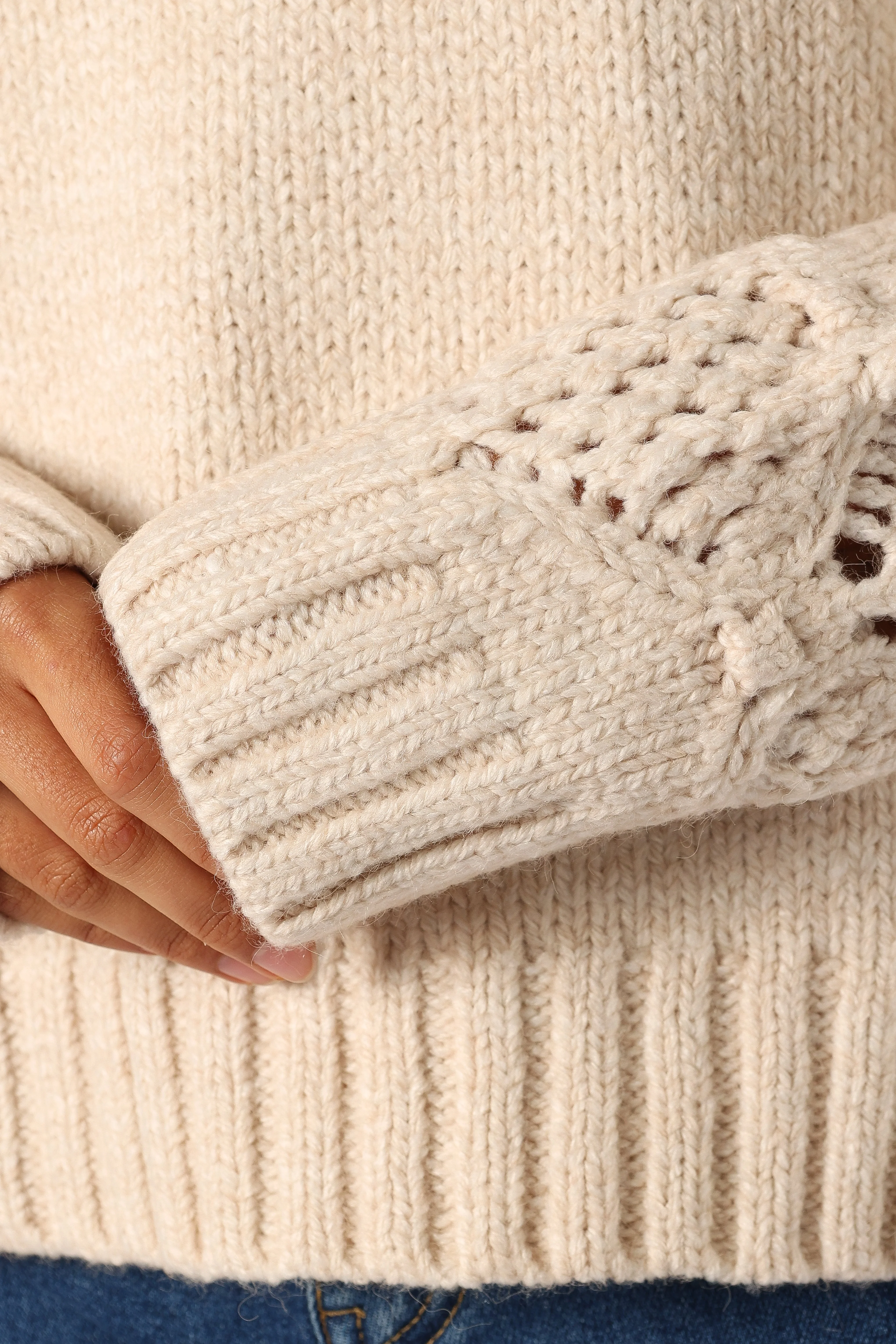Rebekah Crochet Sleeve Knit Sweater - Cream - Image 7