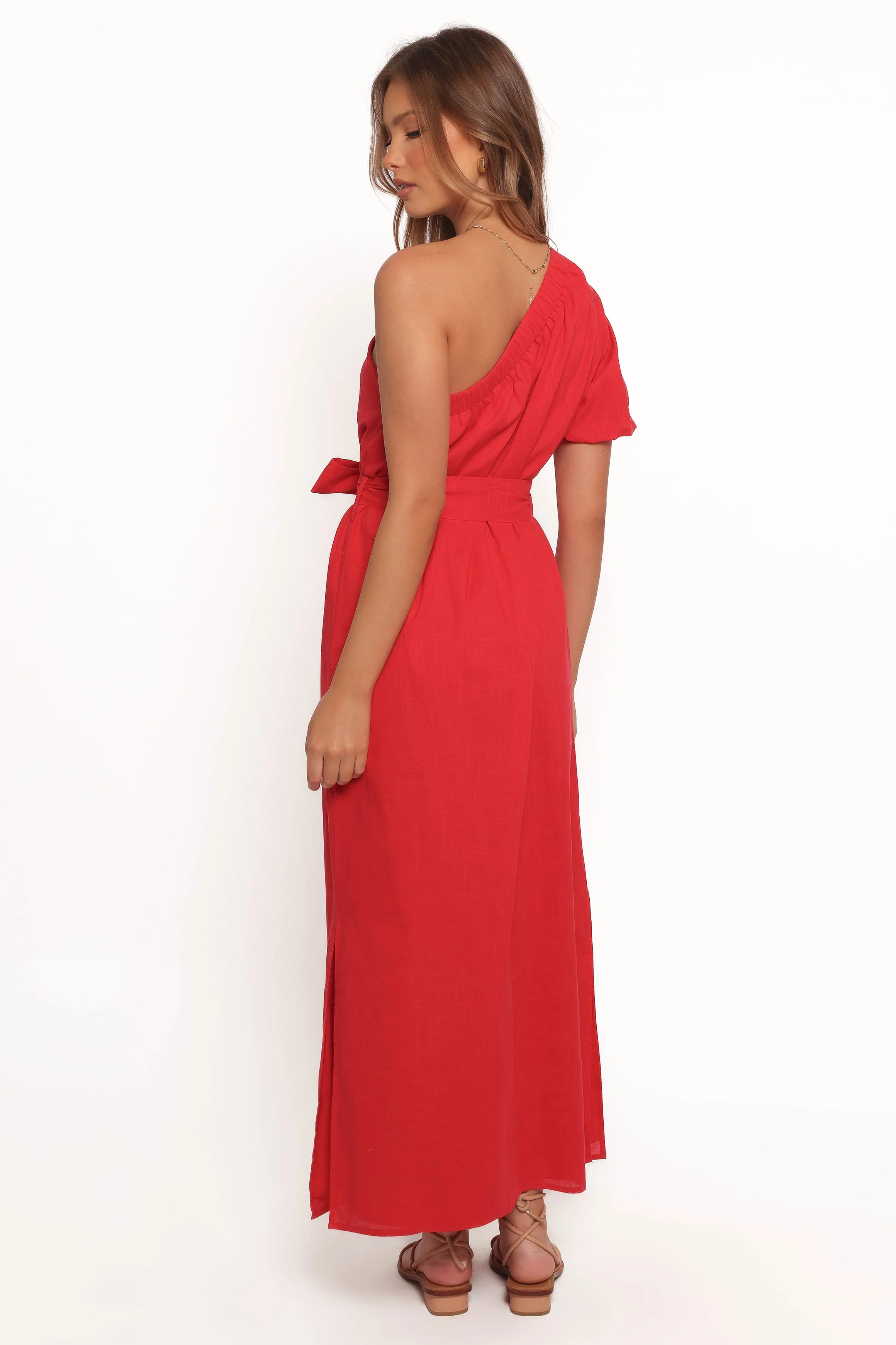 Roma One Shoulder Midi Dress - Red - Image 6