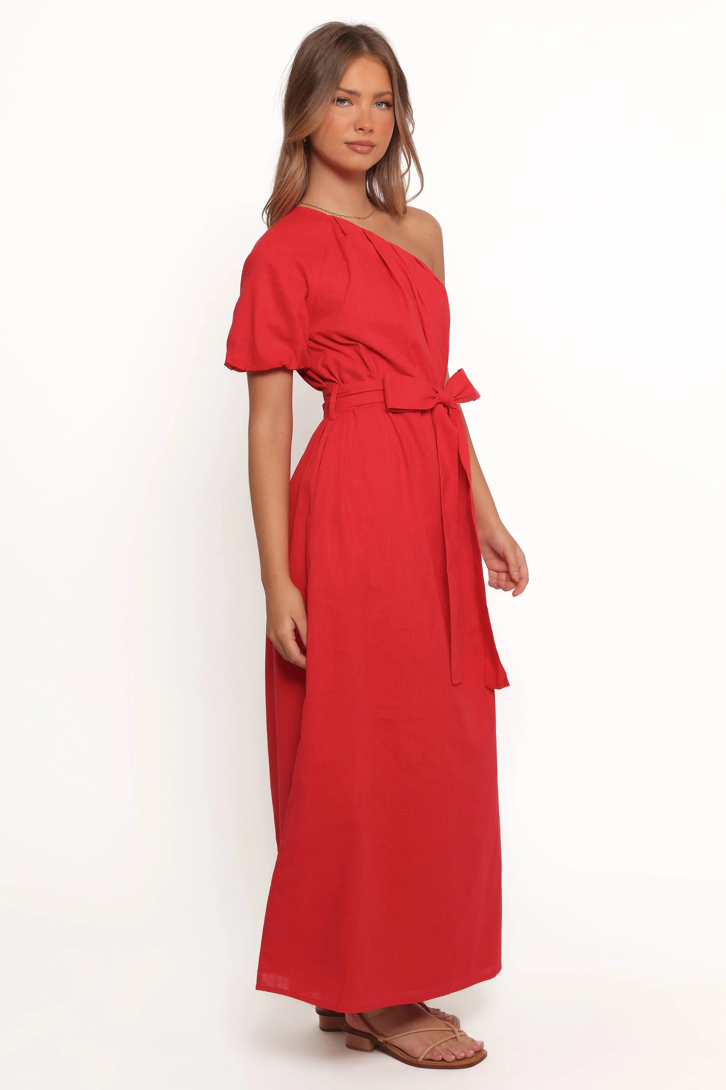 Roma One Shoulder Midi Dress - Red - Image 7