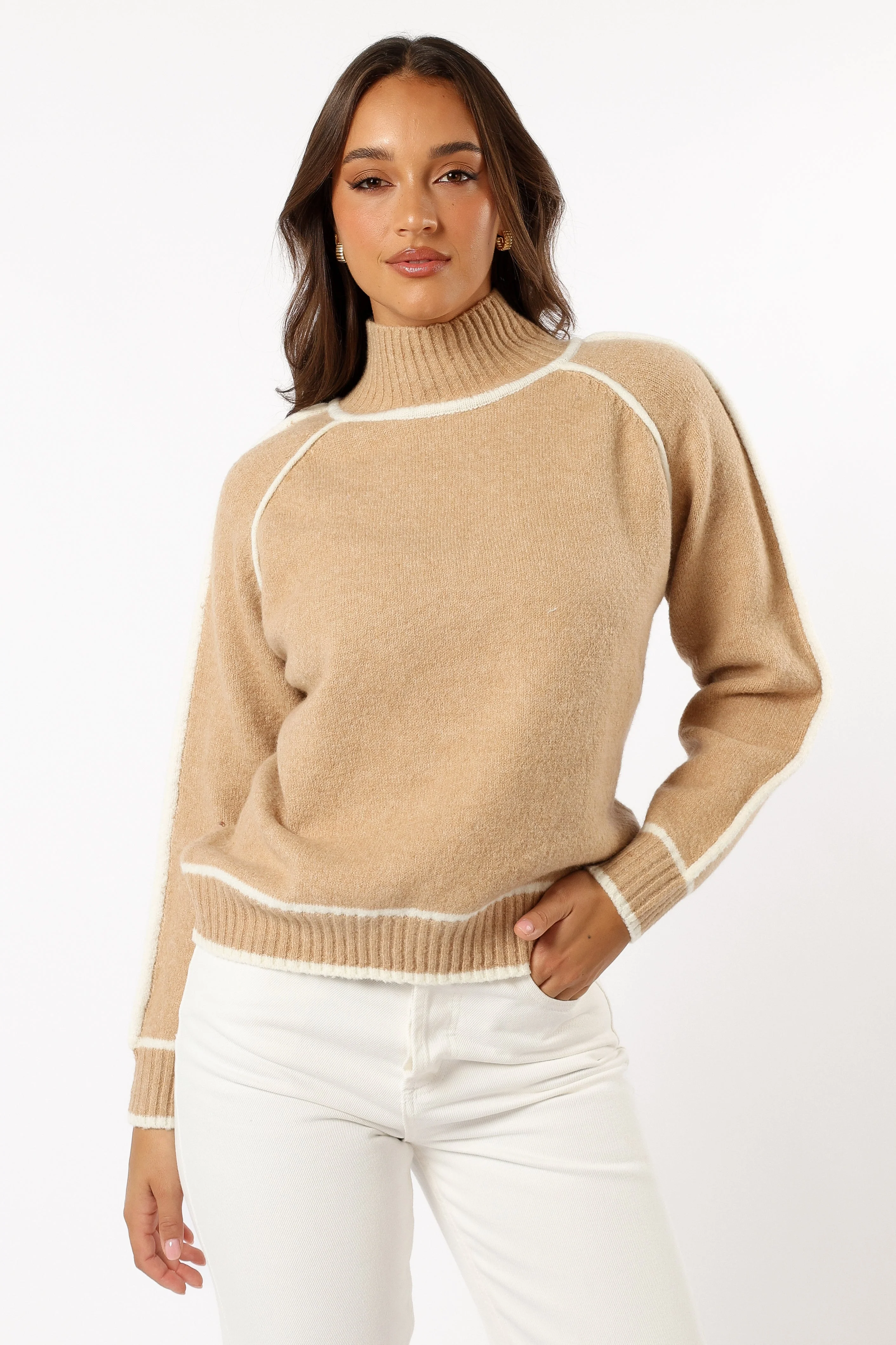Rylee Contrast Hem Knit Sweater - Camel - Image 3