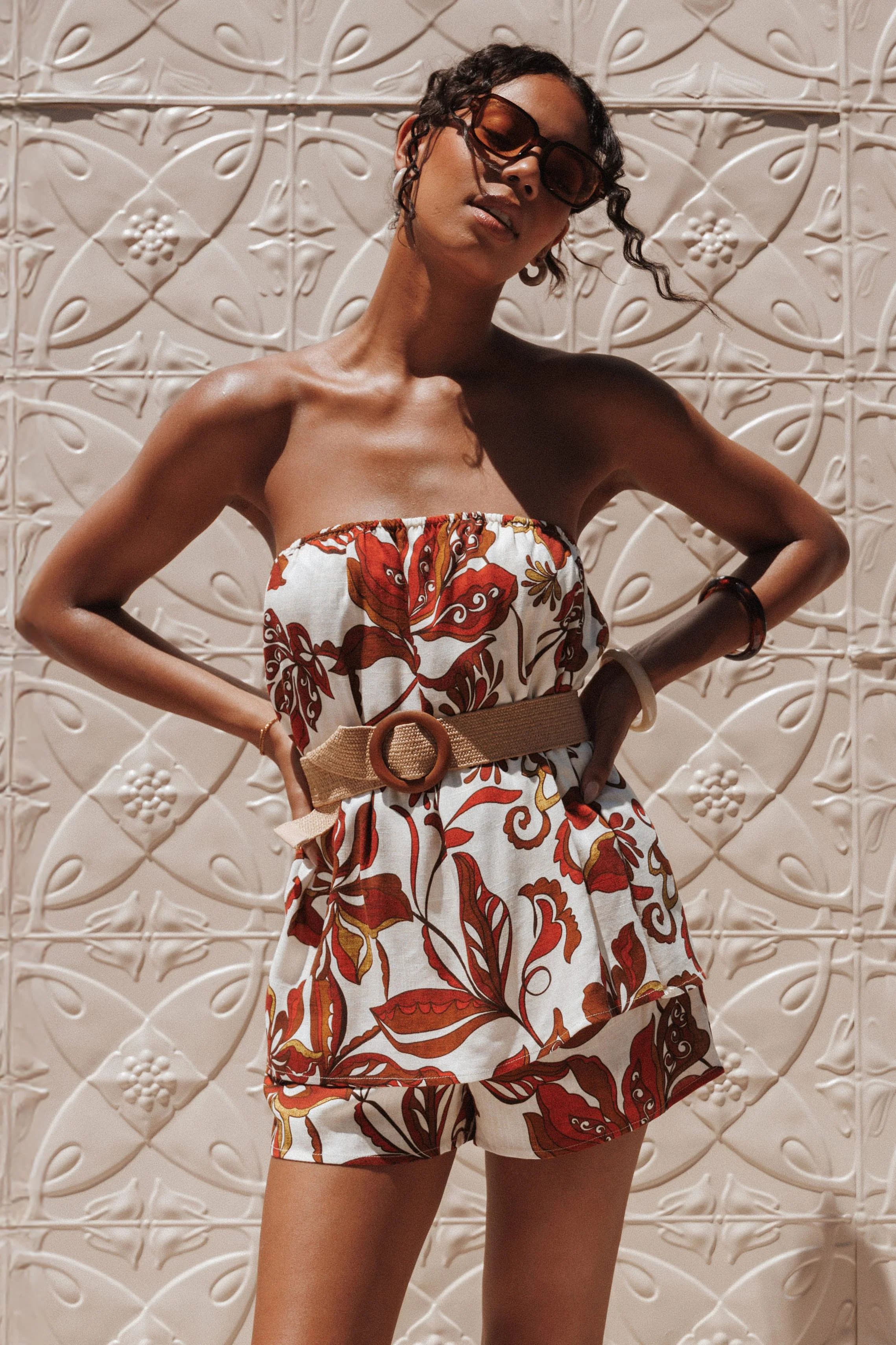 Sallie Strapless Playsuit - Brown Floral