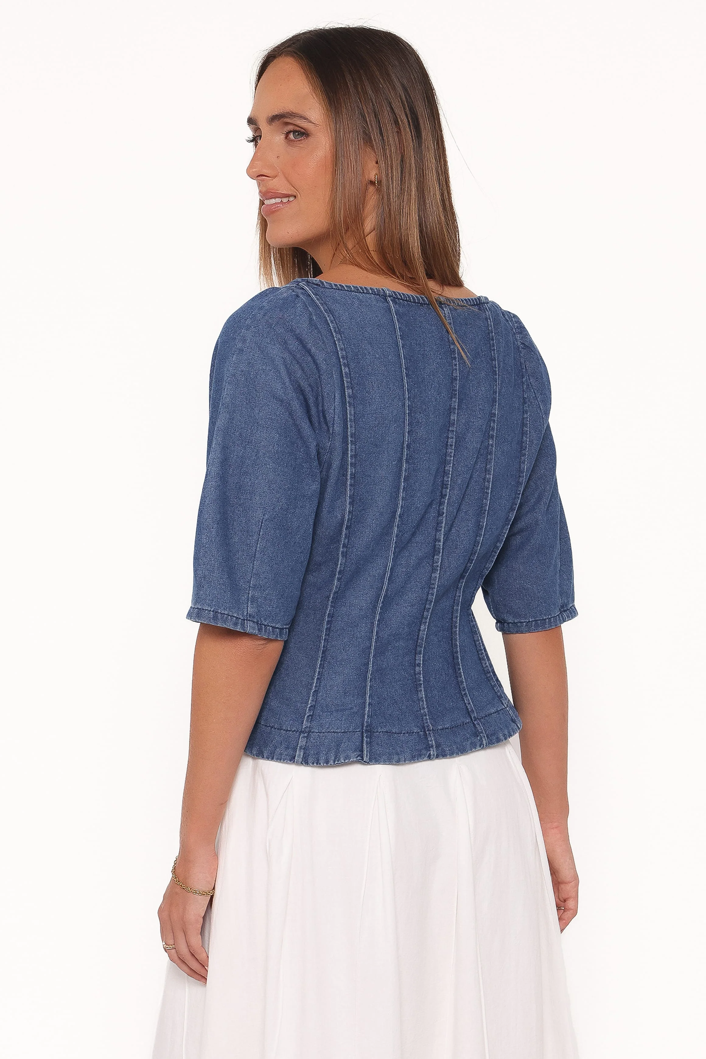 Saylor Denim Peplum Top - Blue Medium Wash - Image 4