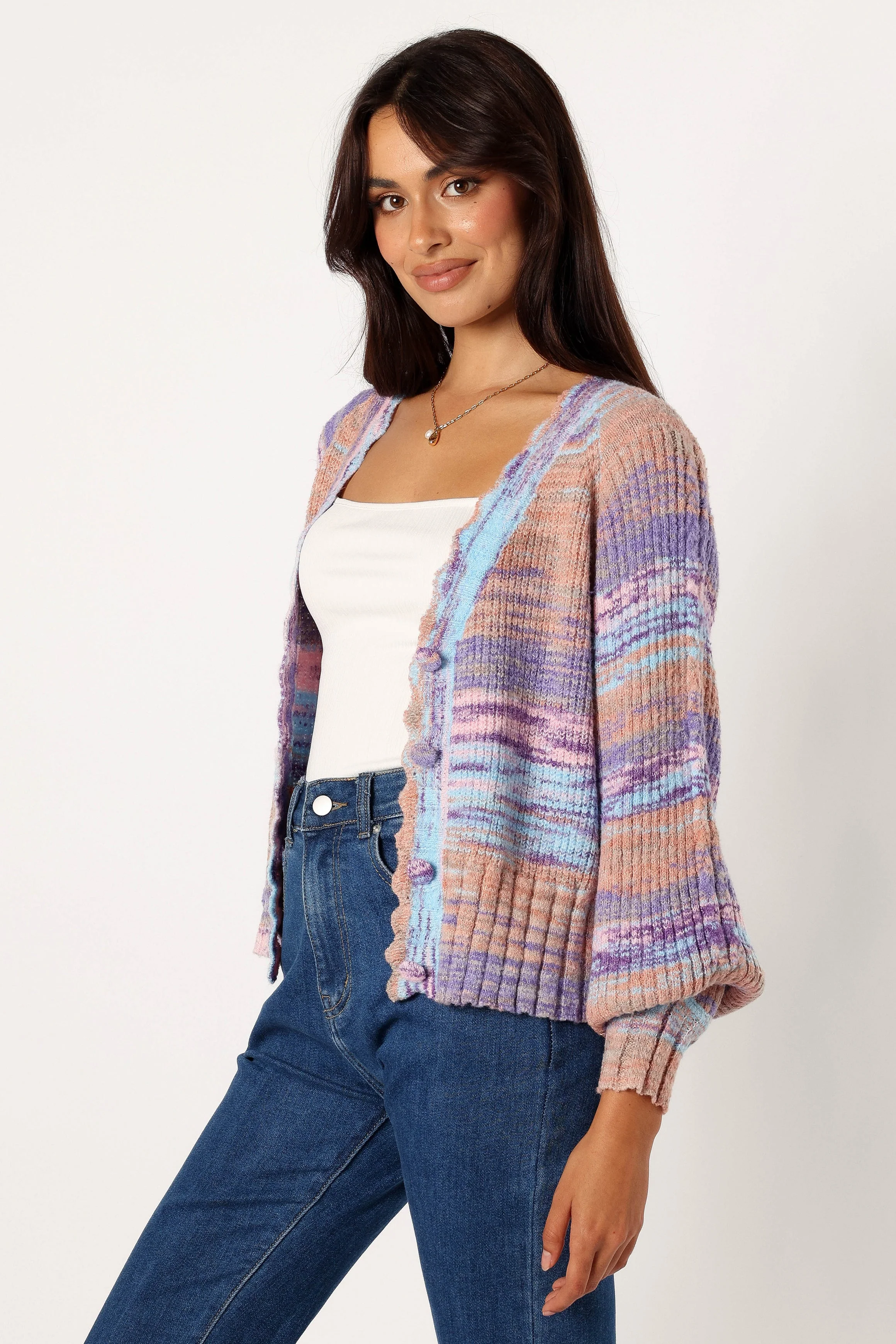 Scallop Edge Button Front Cardigan - Lavender Multi - Image 2