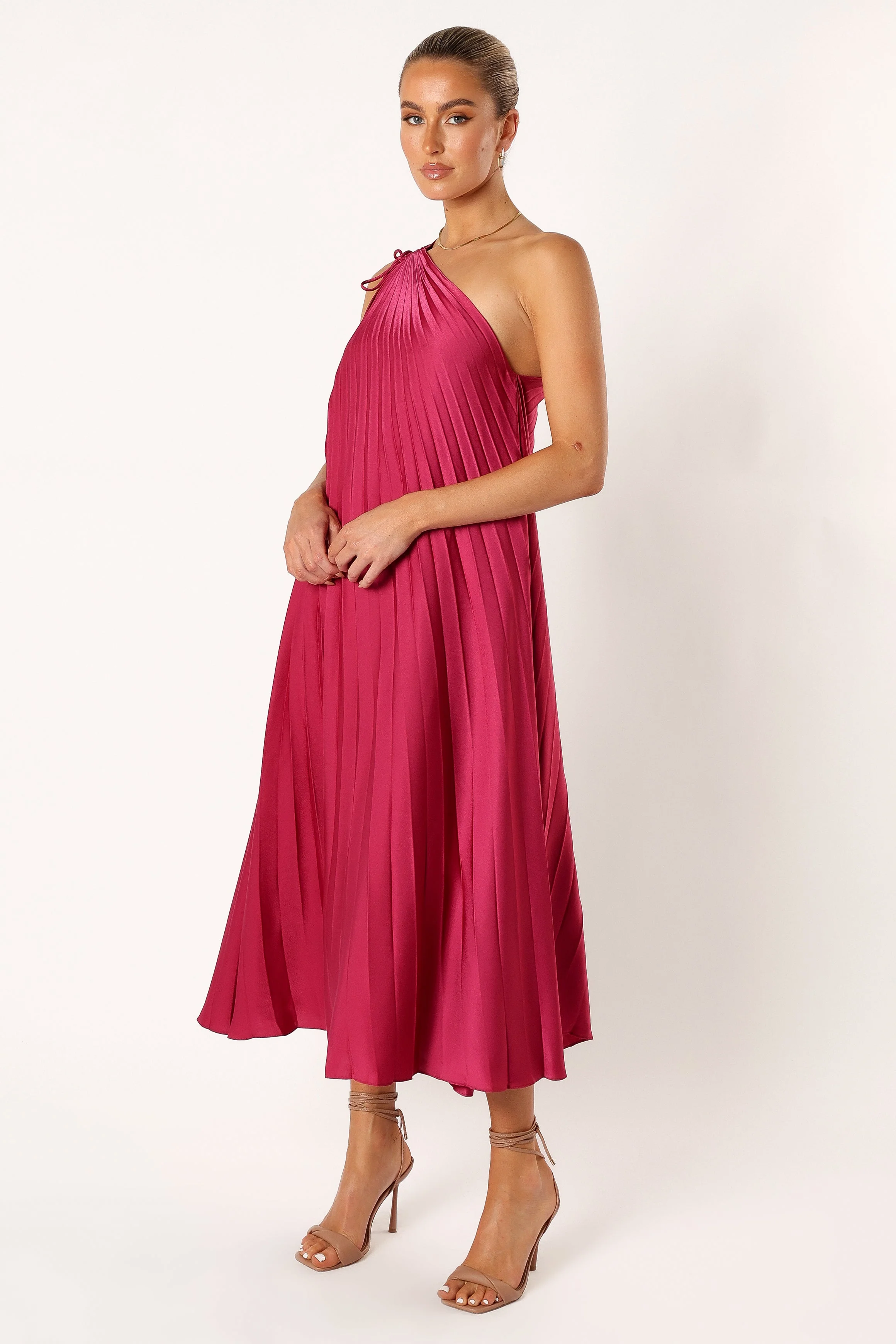 Selena One Shoulder Midi Dress - Viva Magenta - Image 3
