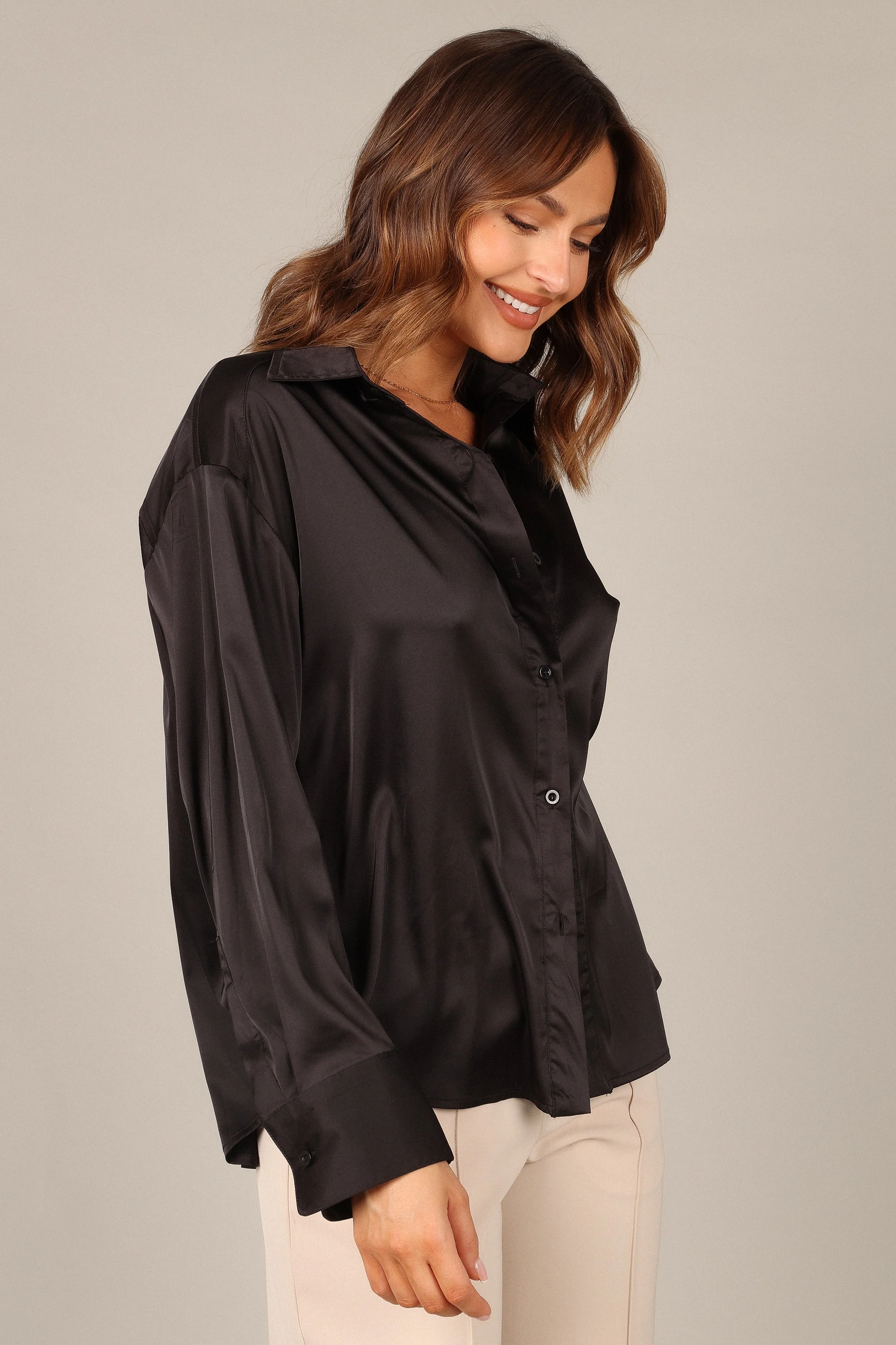 Selena Satin Button Down Top - Black - Image 9