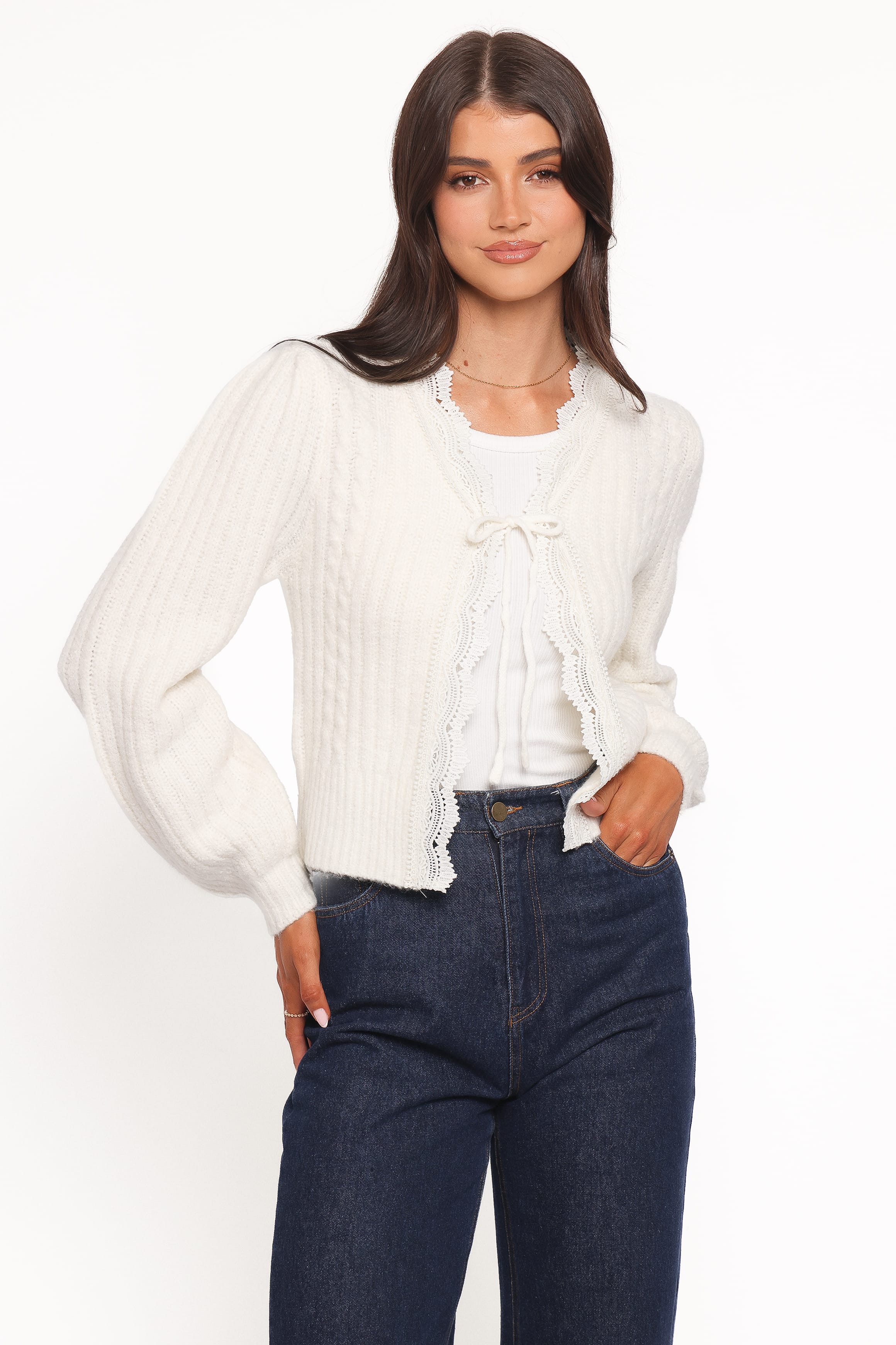 Silvie Lace Front Tie Cardigan - Cream - Image 5