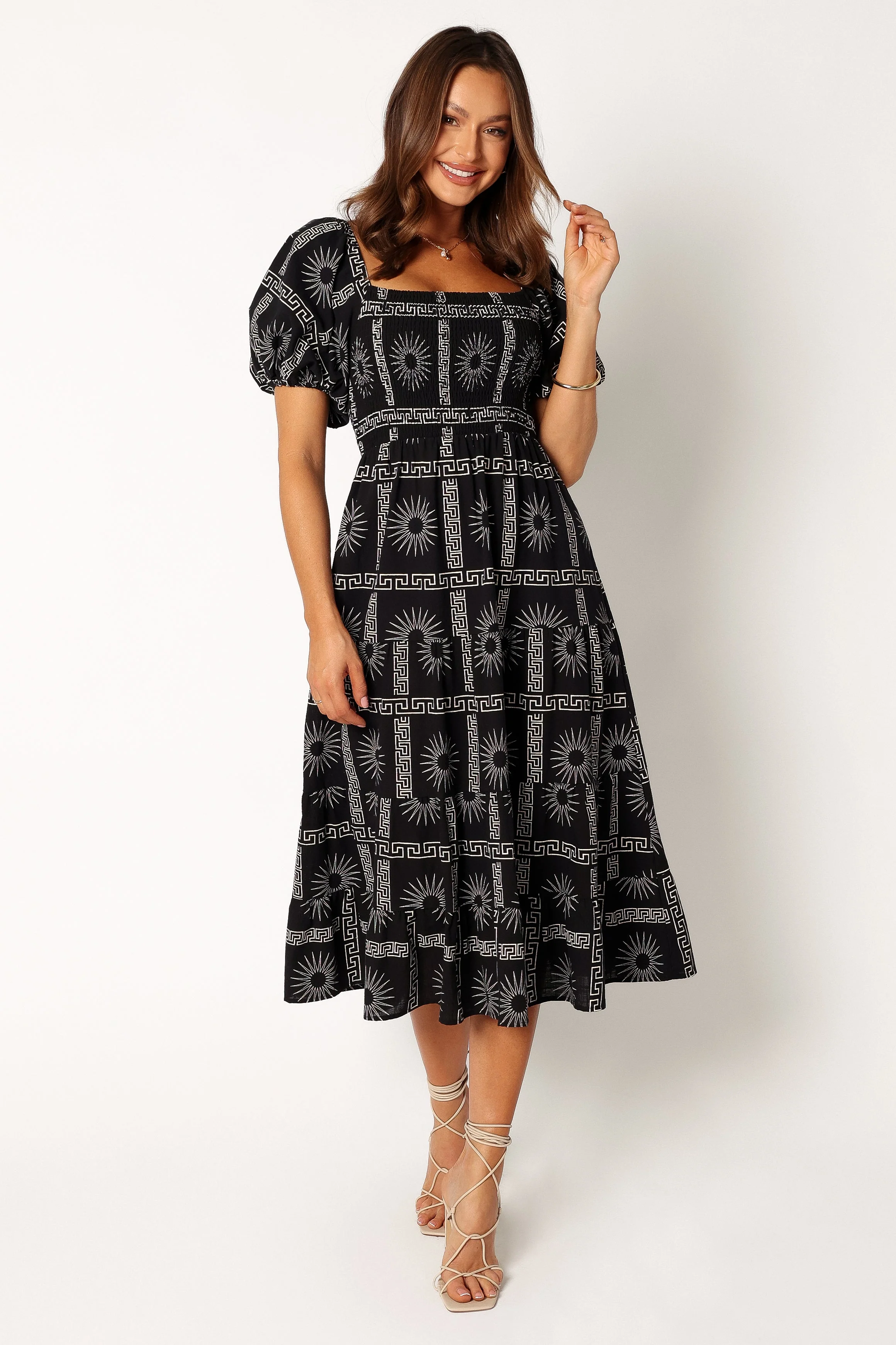 Soliel Puff Sleeve Midi Dress - Black Tan - Image 2