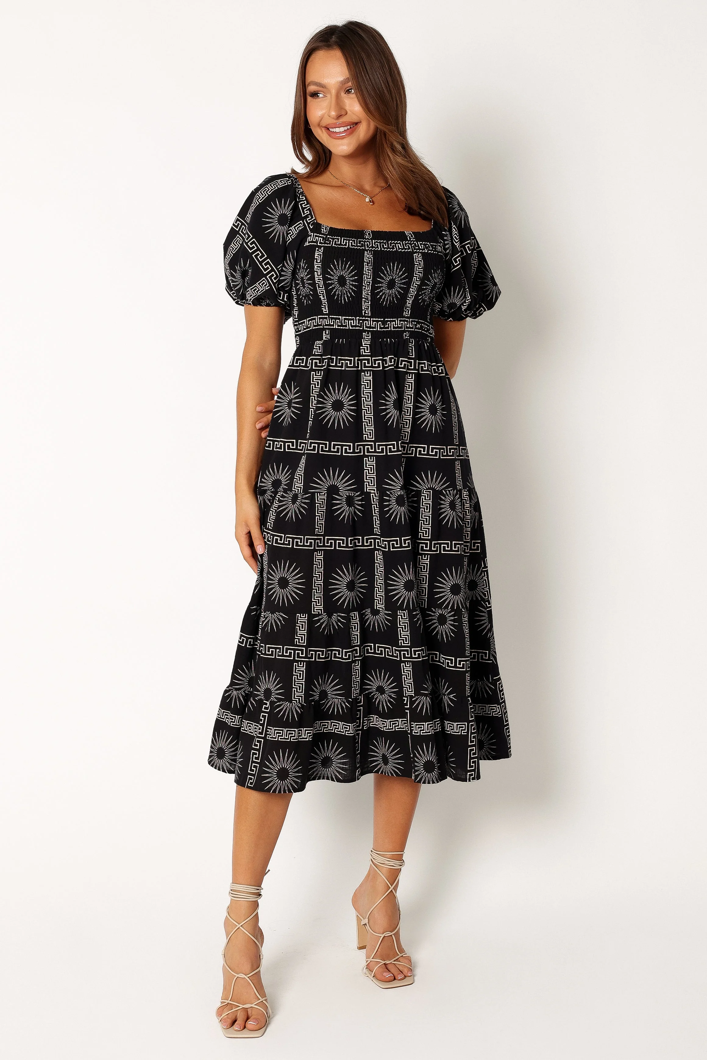 Soliel Puff Sleeve Midi Dress - Black Tan - Image 3