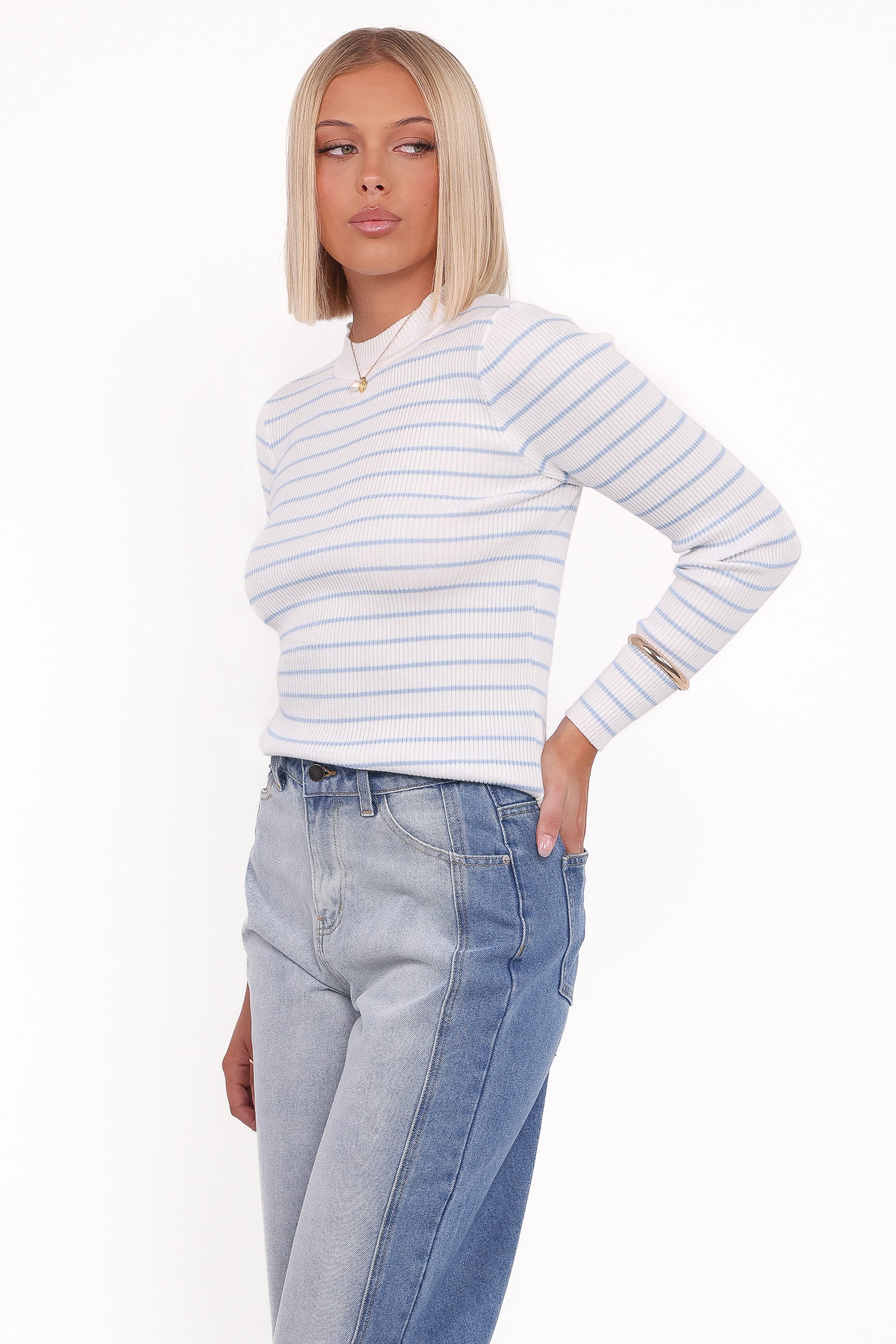 Stacie Ribbed Knit Top - Light Blue Stripe - Image 2