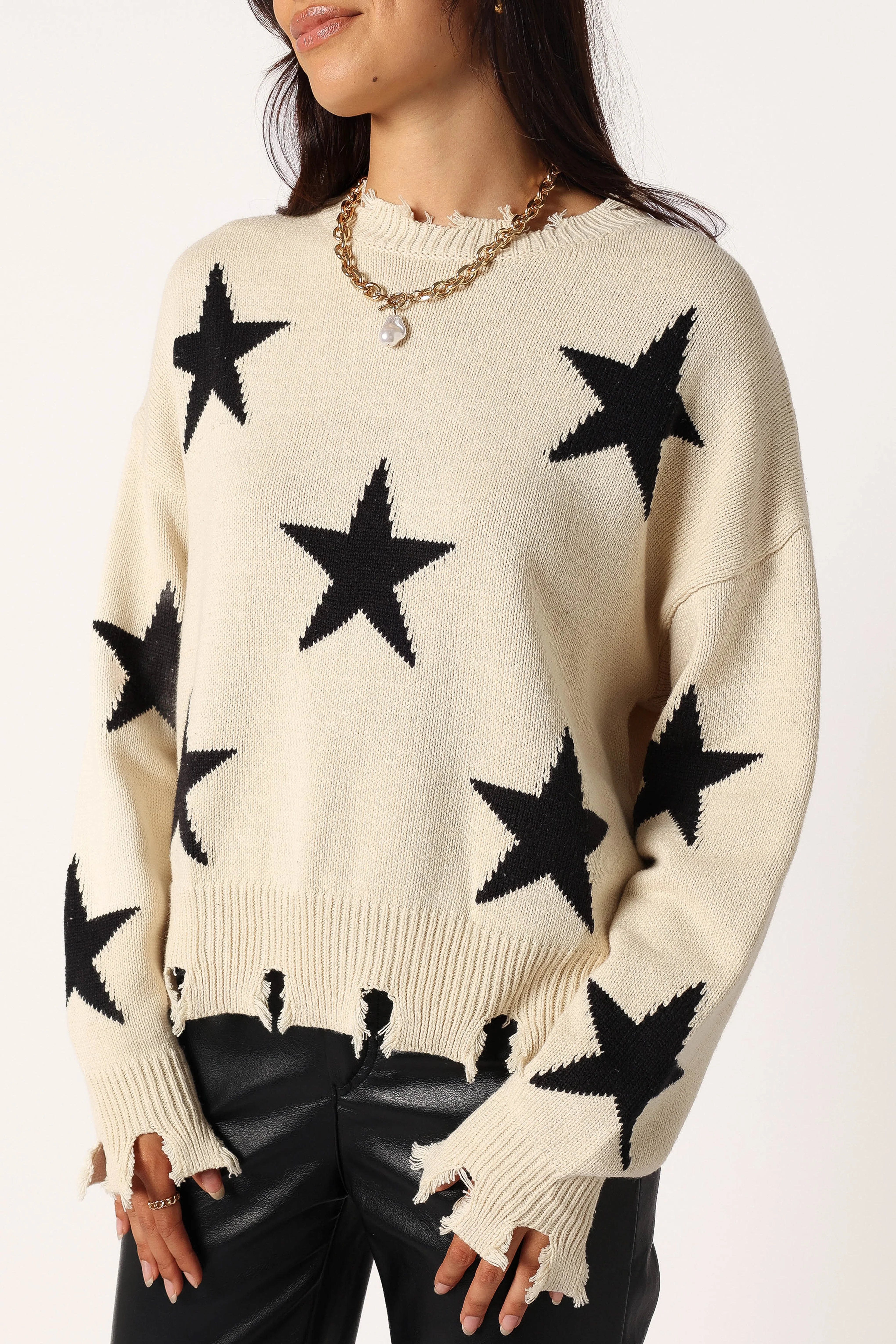 Star Printed Fray Detail Knit Sweater - Cream/Black - Image 8