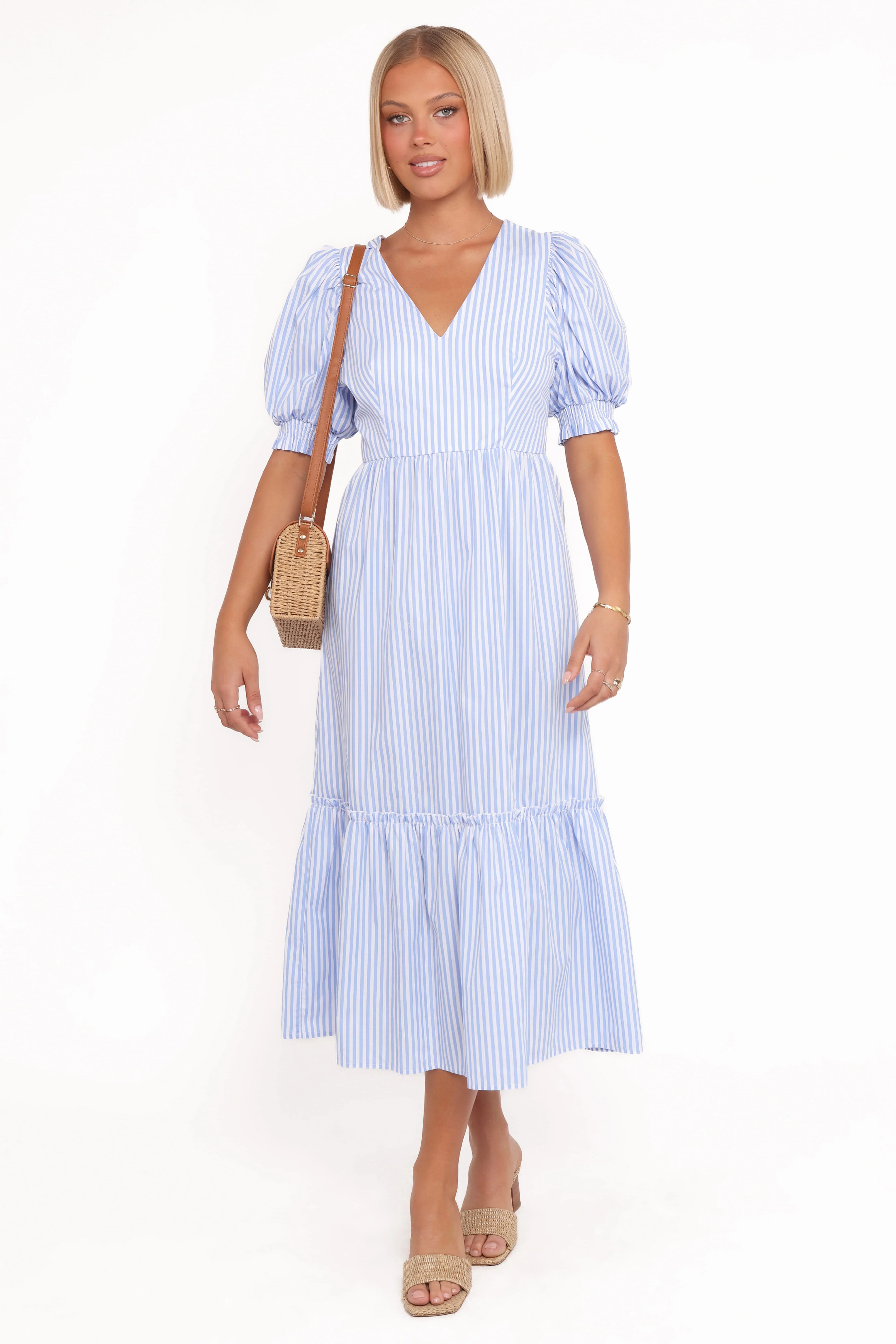 Steele Puff Sleeve Midi Dress - Blue Stripe - Image 3