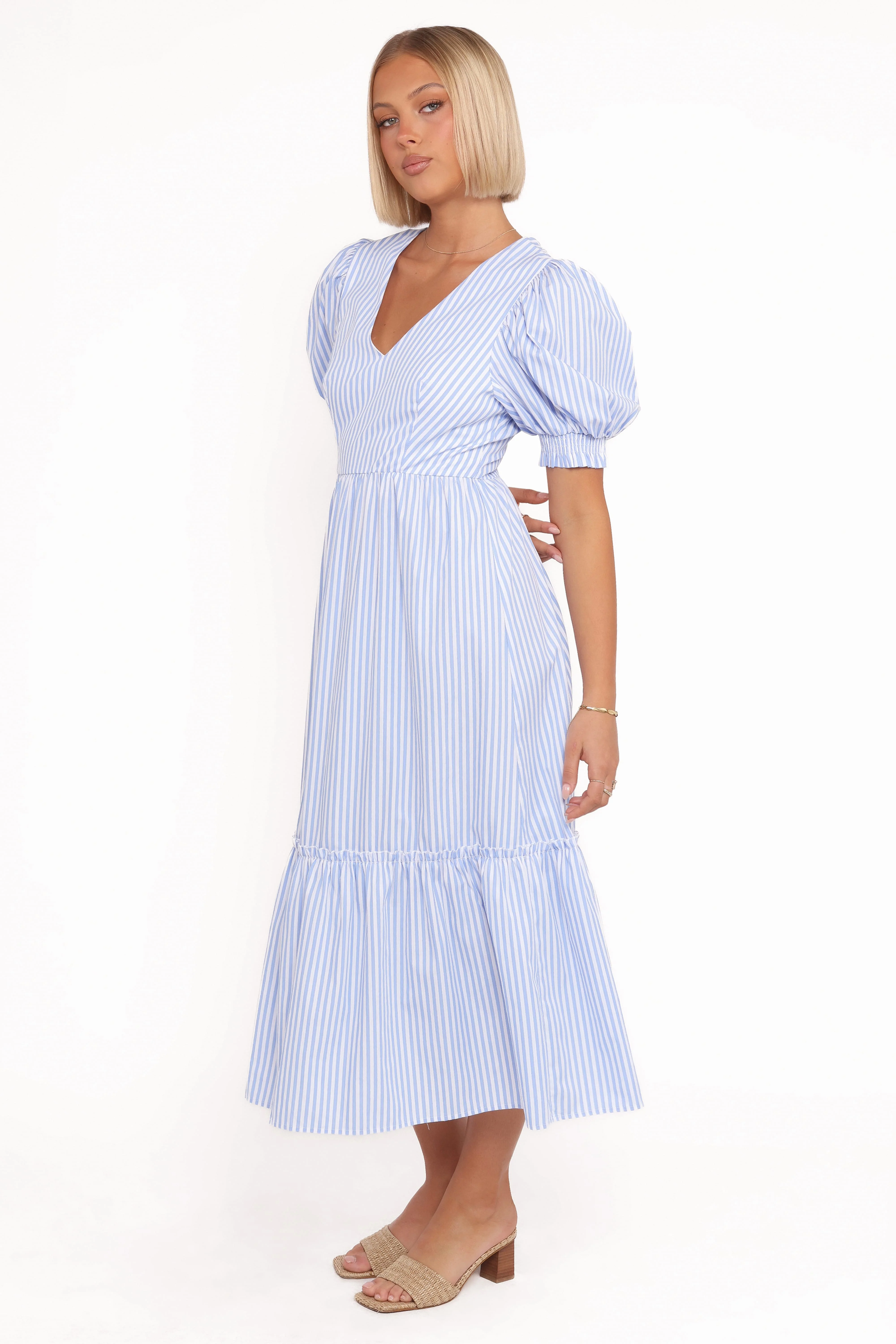 Steele Puff Sleeve Midi Dress - Blue Stripe - Image 6